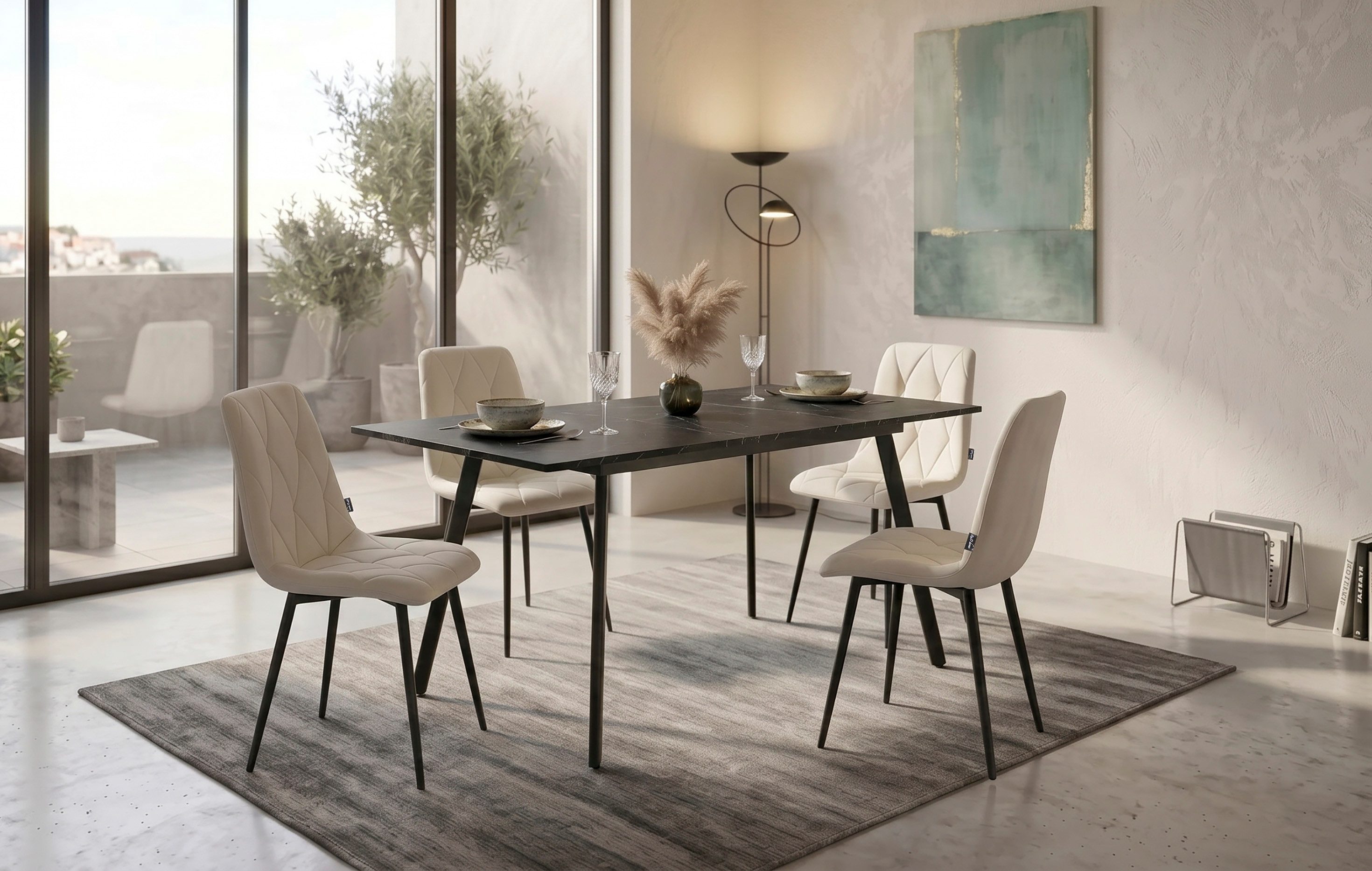 B&D home Essgruppe Mara & Vicka, (Set, 5-tlg., 1 Tisch / 4 Stühle), Esstisch ausziehbar bis 160cm für 4-6 Personen, Stühle in Samtstoff