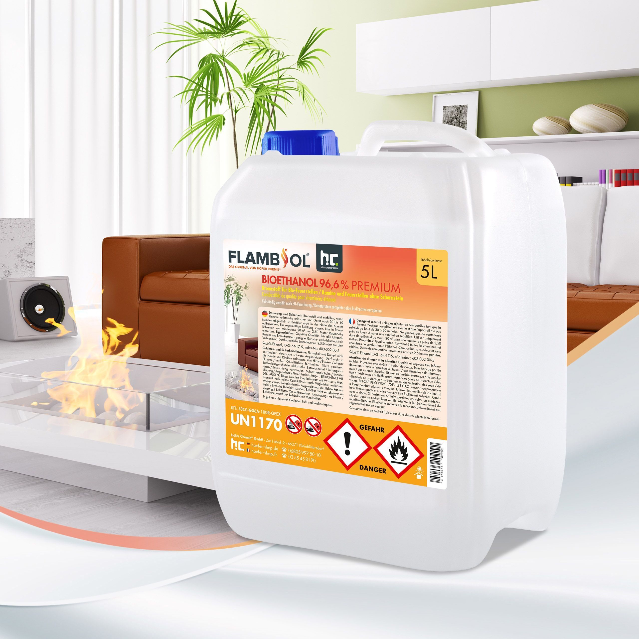 Höfer Chemie GmbH Bioethanol 5L FLAMBIOL® Bioethanol 96,6% Premium für Kamine & Ethanol-Brenner, 5 l, (1-St)