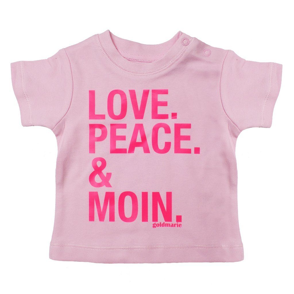 T-Shirt aus mit MOIN pink goldmarie Frontprint PEACE Baby Shirt Baumwolle, reiner (1-tlg) rosa LOVE