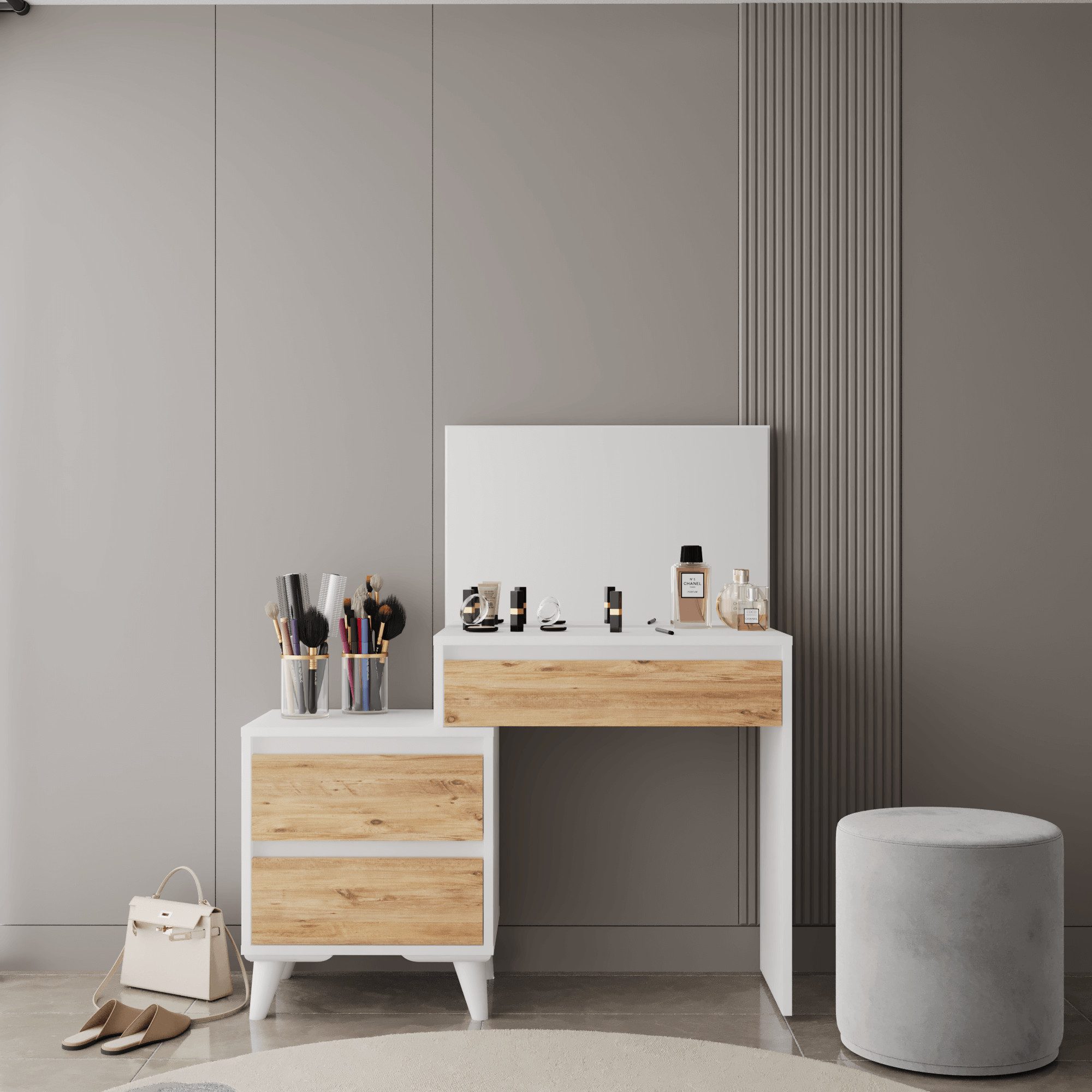 BDR Smart Home Art Schminkschrank Venus Schminktisch Spiegel-Schubladen Pine & Weiß Zeitlos Elegant