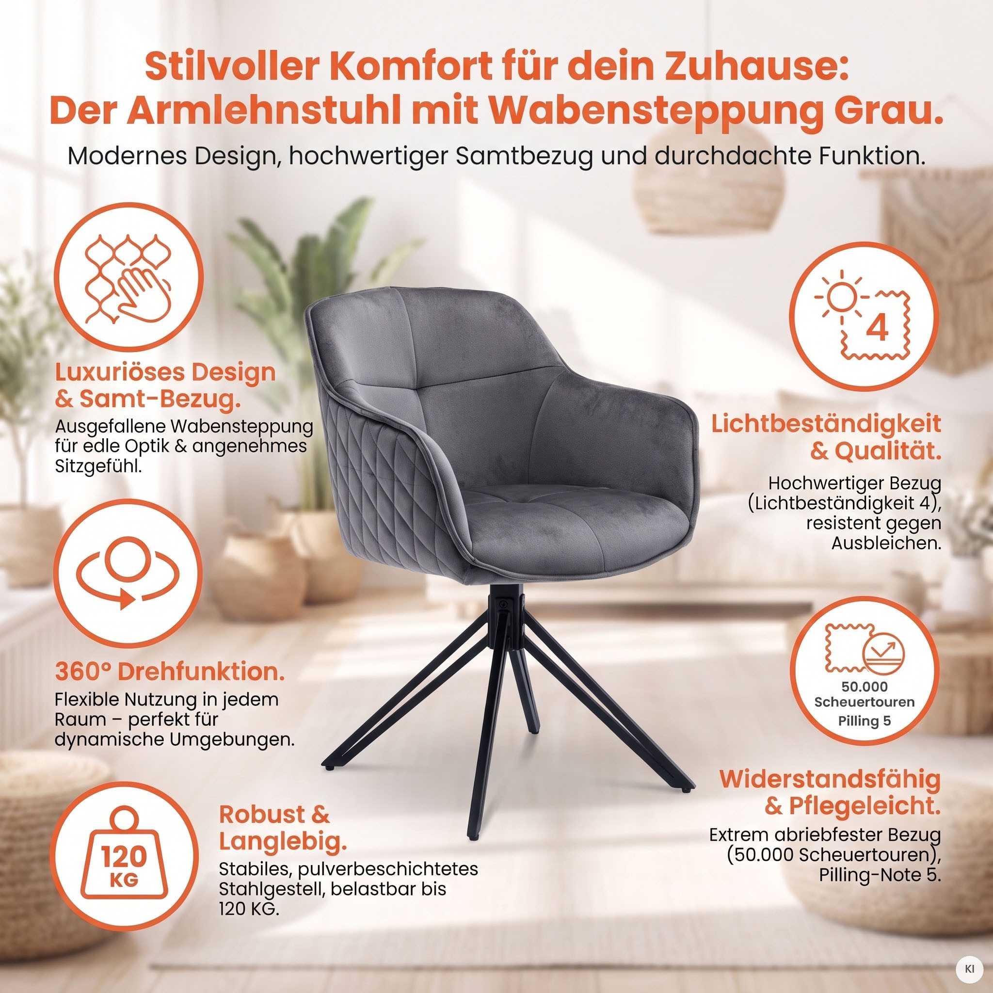 SalesFever Armlehnstuhl Stilvoller Esszimmerstuhl, mit 360° Drehfunktion – Bild 5 von 5