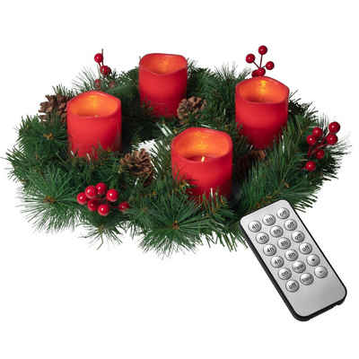 IC Winterworld Adventskranz Künstlicher Adventskranz Ø 45 cm mit 4 LED Kerzen aus Echtwachs, praktische Fernbedienung mit Timer und Lichtfunktionen, nadelfrei
