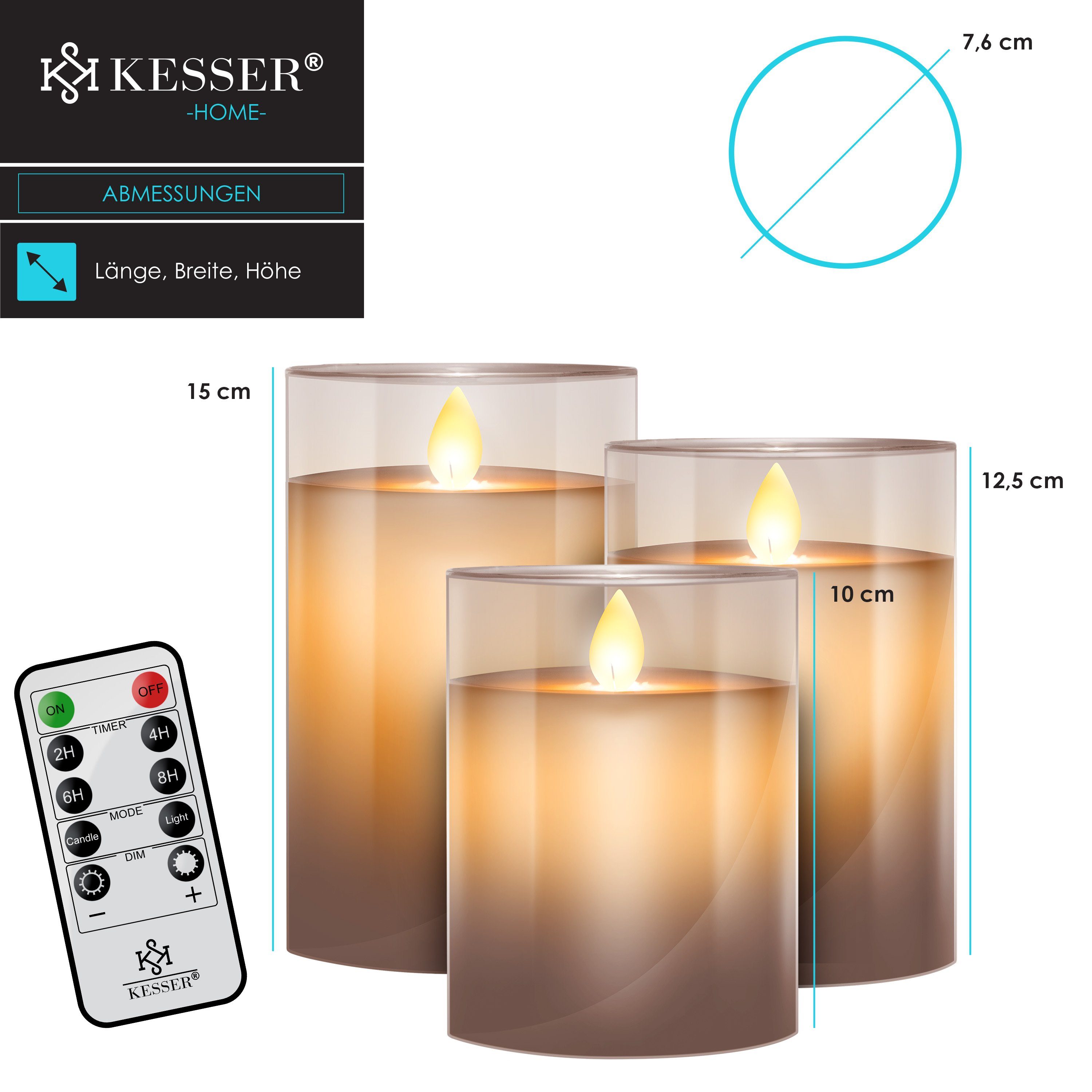 LED Transparent mit KESSER Flammenlose Timer Fernbedienung Kerze Set Kerzen LED-Kerze, 3er