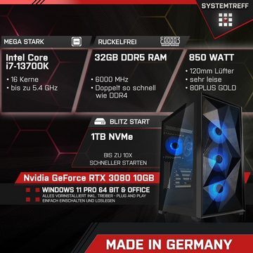 SYSTEMTREFF Gaming-PC (Intel Core i7 13700K, GeForce RTX 3080, 32 GB RAM, 1000 GB SSD, Wasserkühlung, Windows 11, WLAN)