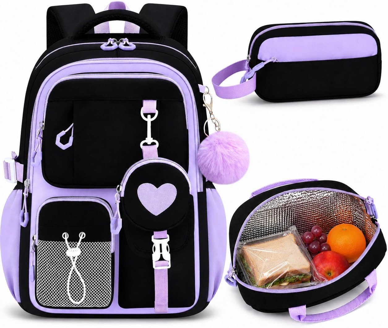 MOPUEA Schulrucksack Schulrucksack Set 3-tlg Wasserabweisend Ergonomisch mit Viele Fächer (3-teiliges Schulrucksack Set für Schule und Freizeit, 3-teiliges Schulrucksack Set für Schule und Freizeit), 17,6 Zoll Laptopfach leicht ergonomisch isolierte Lunch Tasche