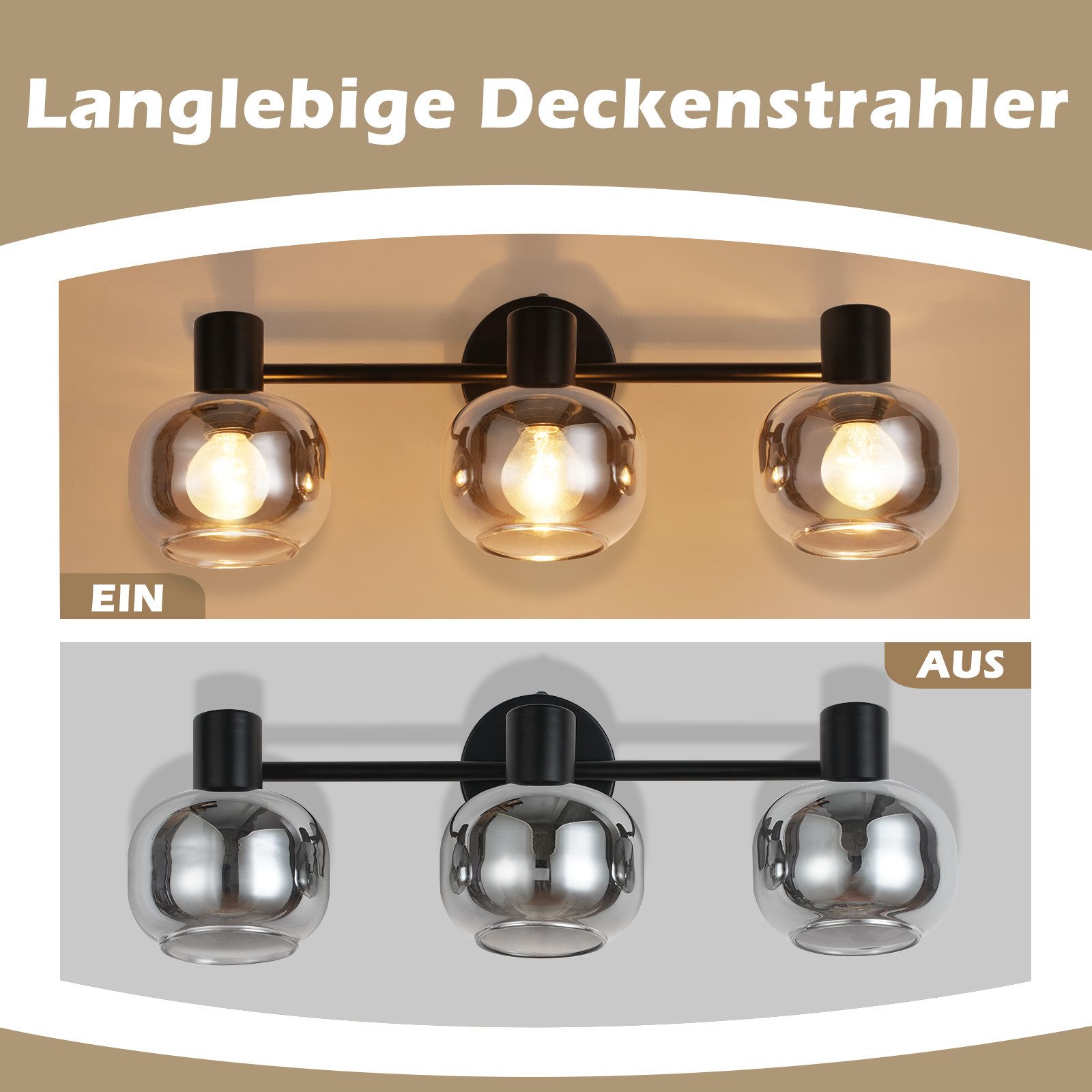 Nettlife Deckenstrahler Küchenlampe 2/3/4/6 Flammig Modern E14 Rauchglas Deckenleuchte, Schwenkbar, LED wechselbar, Wohnzimmerlampe für Schlafzimmer Flur Küche – Bild 4 von 5