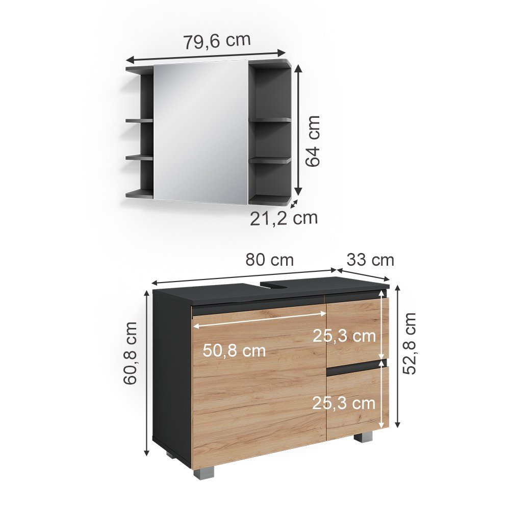 Vicco Badmöbel-Set Badmöbel Set 1 2-er J-SHAPE Eiche, Anthrazit Set) (2-St