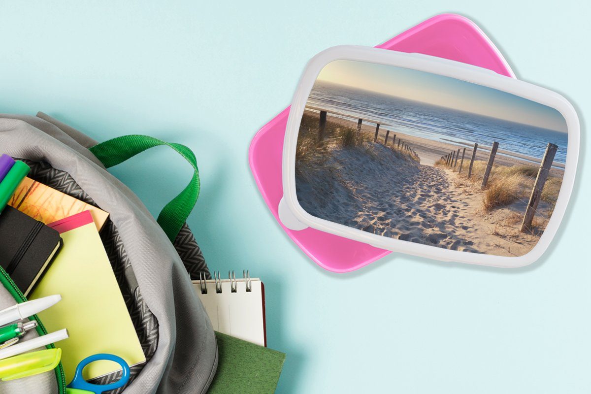 - Sand Snackbox, rosa Strand - Kunststoff, - Brotdose Kinder, Düne Sommer, Lunchbox für Meer - Kunststoff Mädchen, Brotbox (2-tlg), MuchoWow Erwachsene,