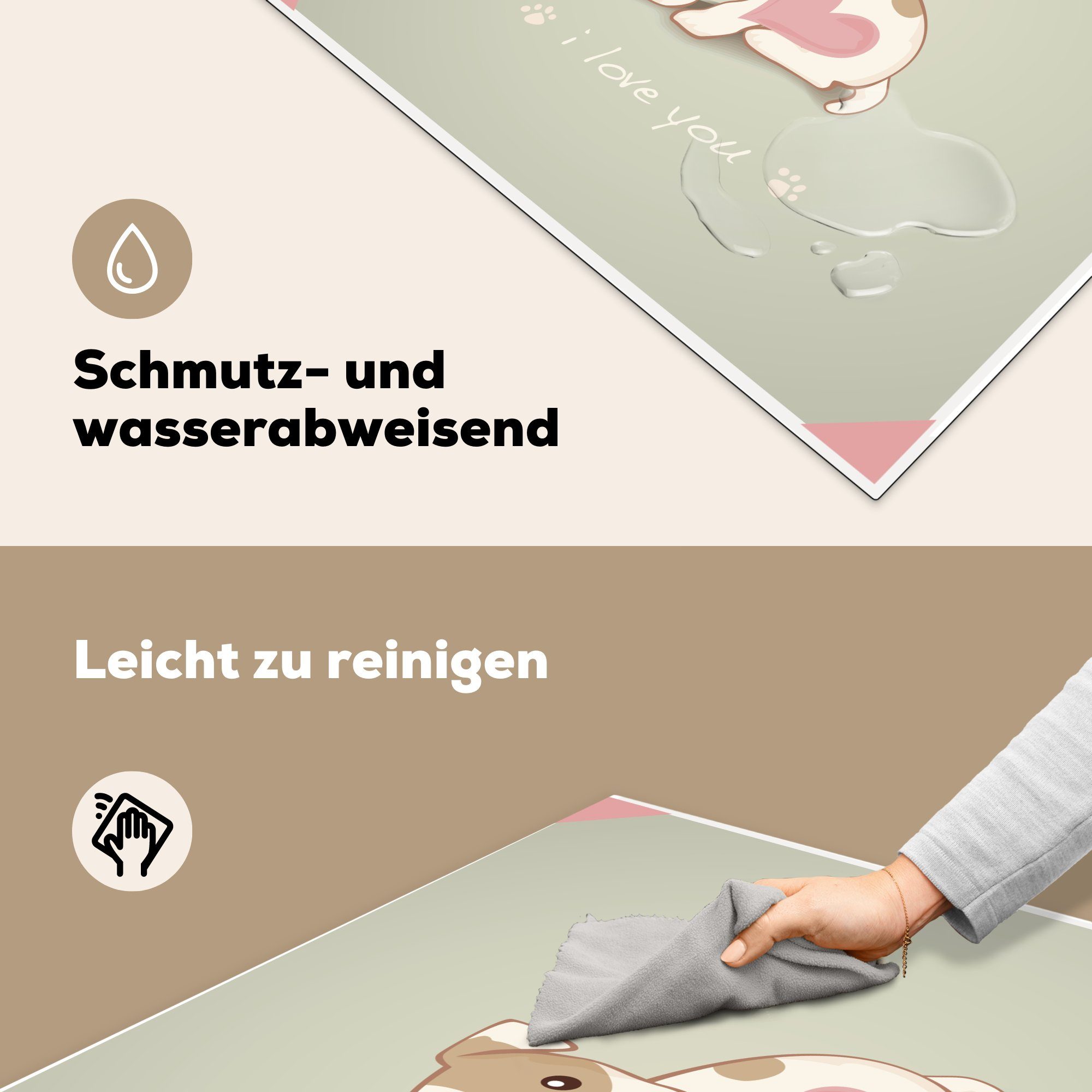 Arbeitsplatte weißen einem Herz, Welpen 78x78 MuchoWow braunen Illustration Herdblende-/Abdeckplatte küche für cm, mit Vinyl, eines und Ceranfeldabdeckung, Eine (1 tlg),