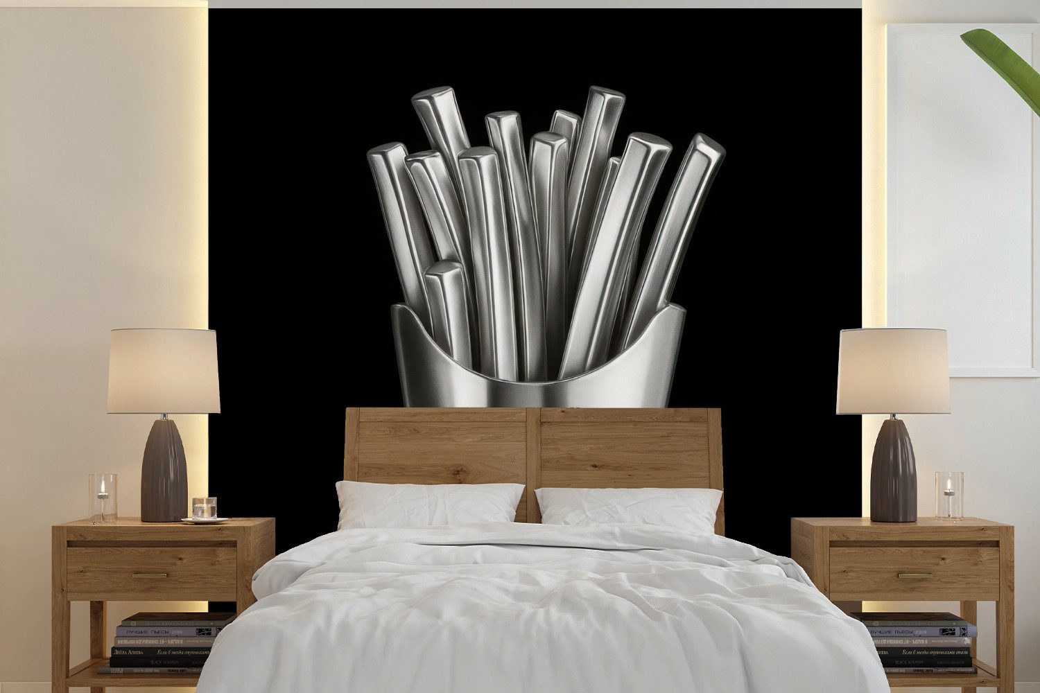 MuchoWow Fototapete Pommes frites - Futuristisch - Silber, Matt, bedruckt, Vinyl Tapete für Wohnzimmer oder Schlafzimmer, Wandtapete, 350x350 cm