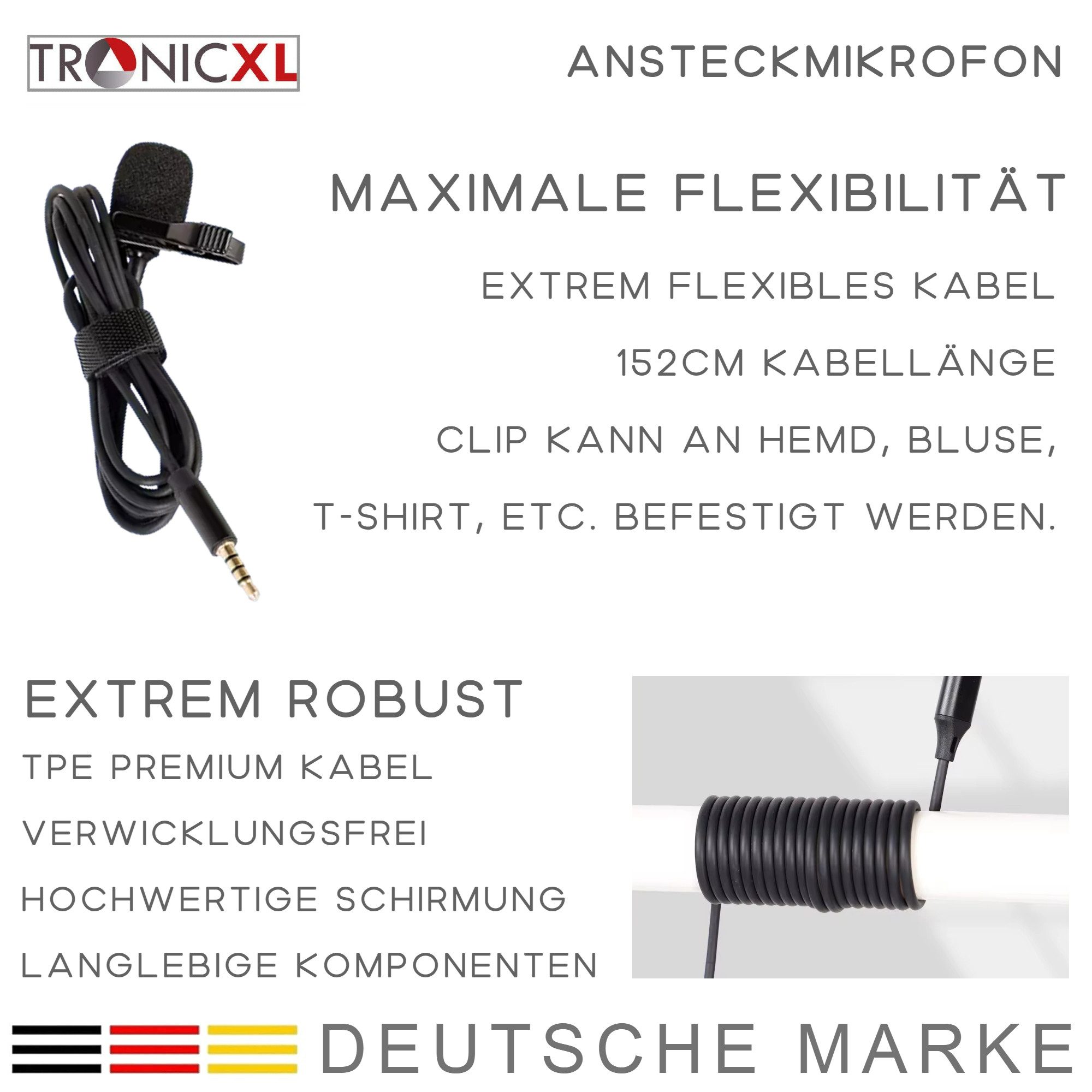 TronicXL Mikrofon 3,5mm Klinke Ansteckmikrofon Lavalier Ansteck Mikrofon Kamera Handy, kompatibel mit Smartphone 4 polig Camcorder