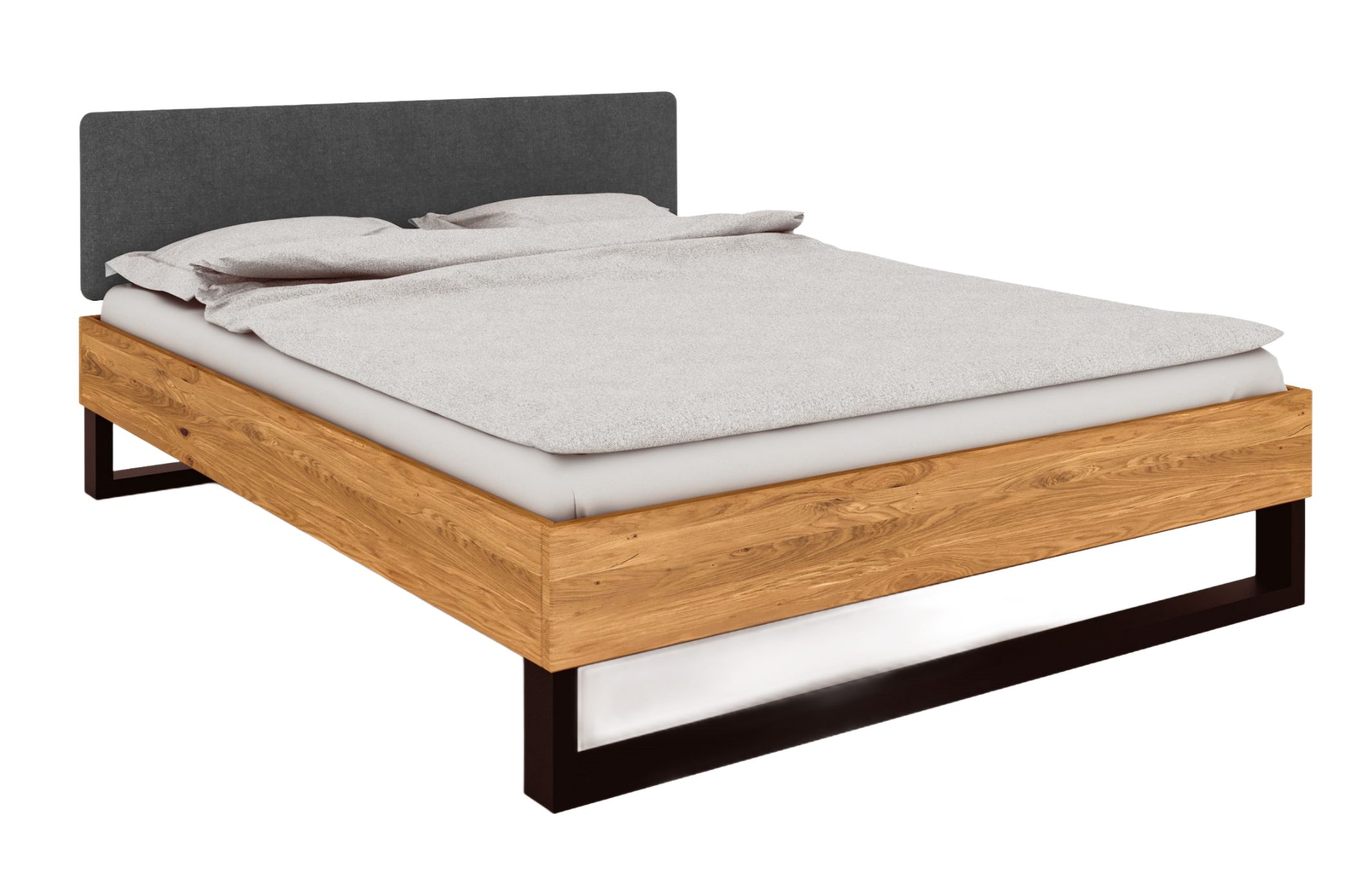 byoak Bett STEEL 100 x 200 aus Massivholz, mit Polsterkopfteil, Naturgeölt