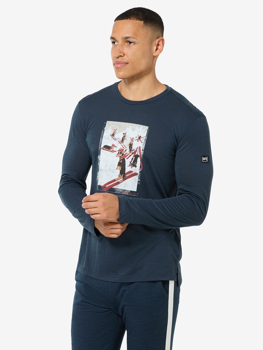 SUPER.NATURAL Langarmshirt für Herren, Merino M DACHSHUND PARTY LS mit Ski-Motiv, atmungsaktiv