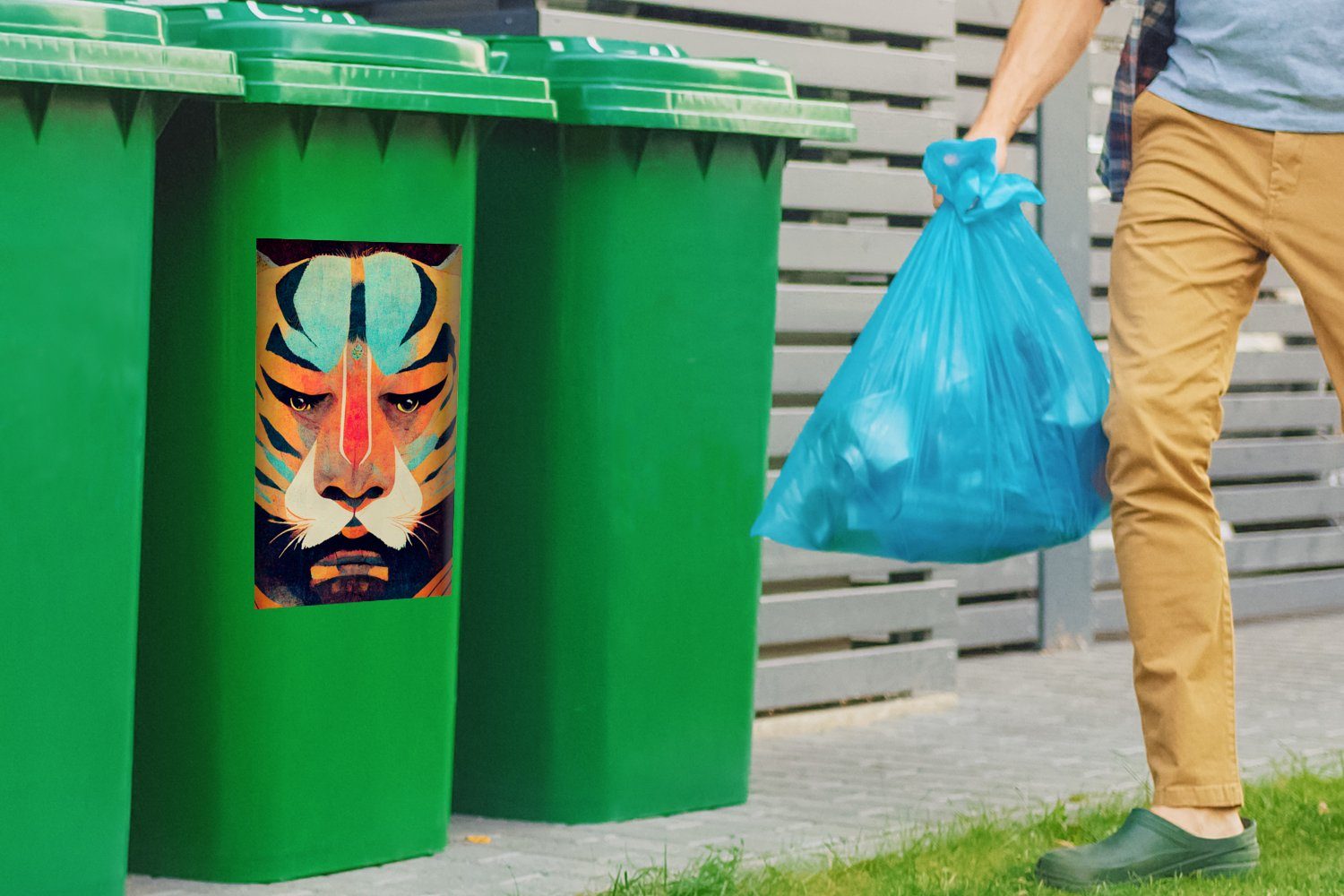Abfalbehälter Mülltonne, Mülleimer-aufkleber, Porträt - Sticker, St), - (1 - MuchoWow Abstrakt Tiere Kunst Tiger Container, - Wandsticker
