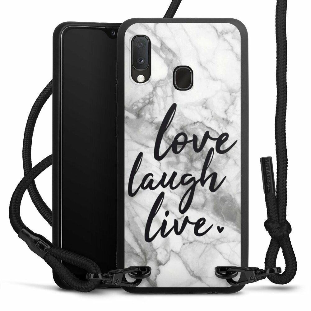 DeinDesign Handyhülle Marmor Sprüche Liebe Love, Laugh, Live Marmor,  Samsung Galaxy A20 Premium Handykette Hülle mit Band Case zum Umhängen