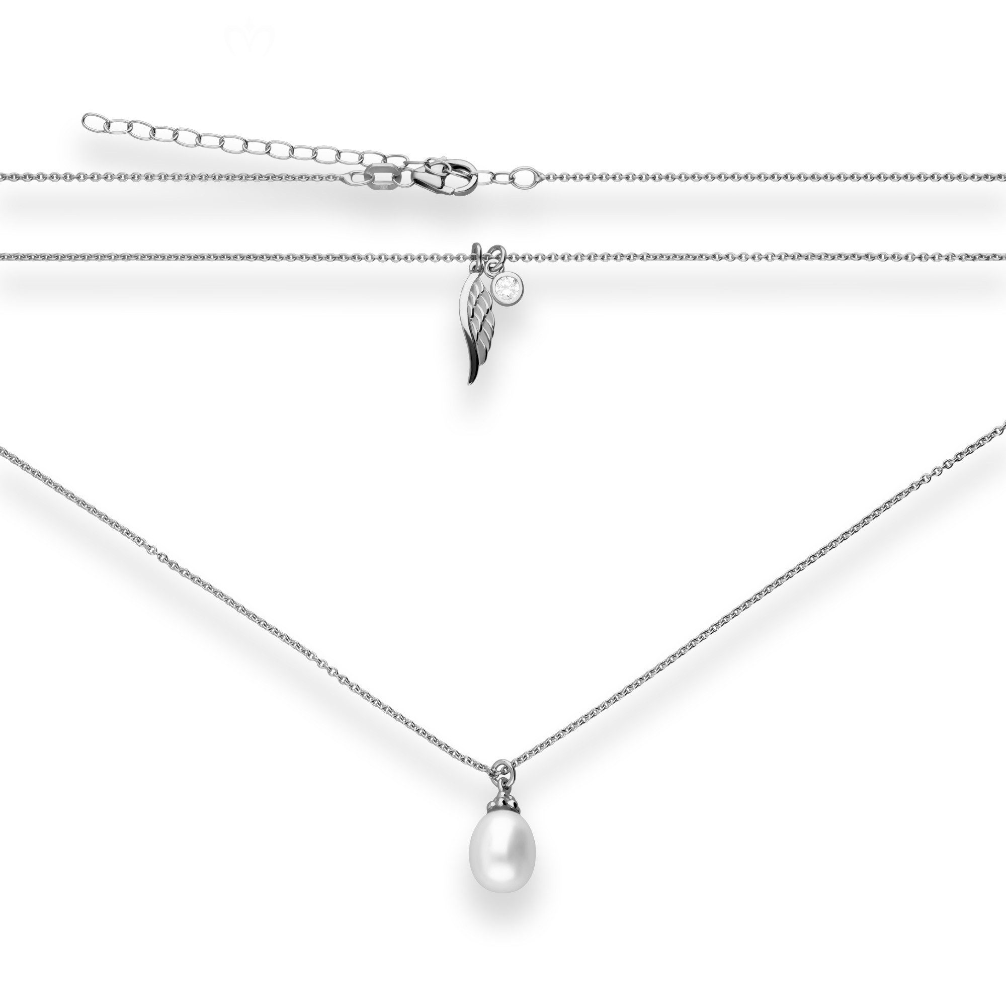 Schmuck Krone Perlenkette Rund-Ankerkette Perle, Flügel, Zirkonia 925 Silber rhodiniert, Silber 925