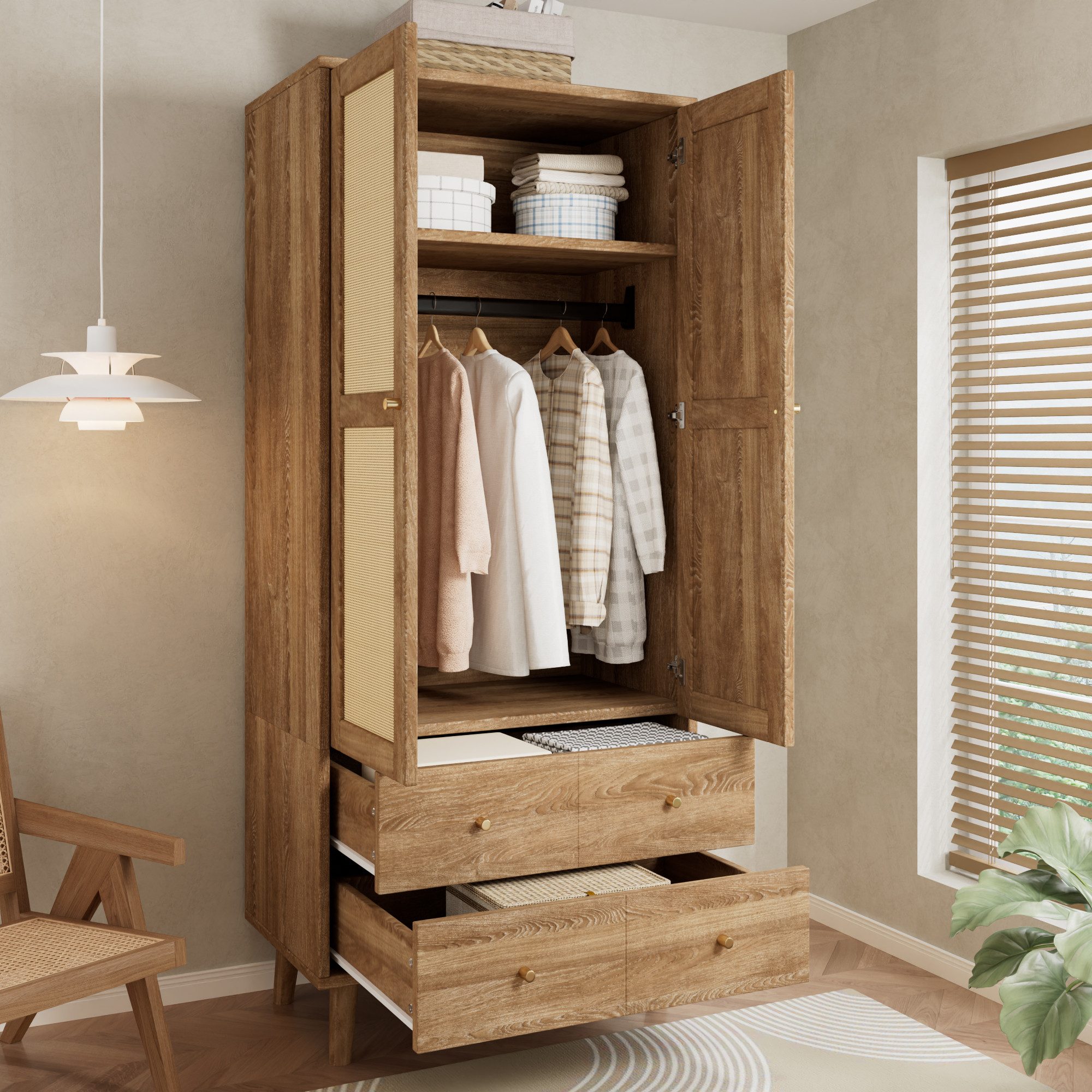 Flieks Kleiderschrank Mehrzweckschrank Rattan-Design mit 2 Schubladen und Kleiderstange