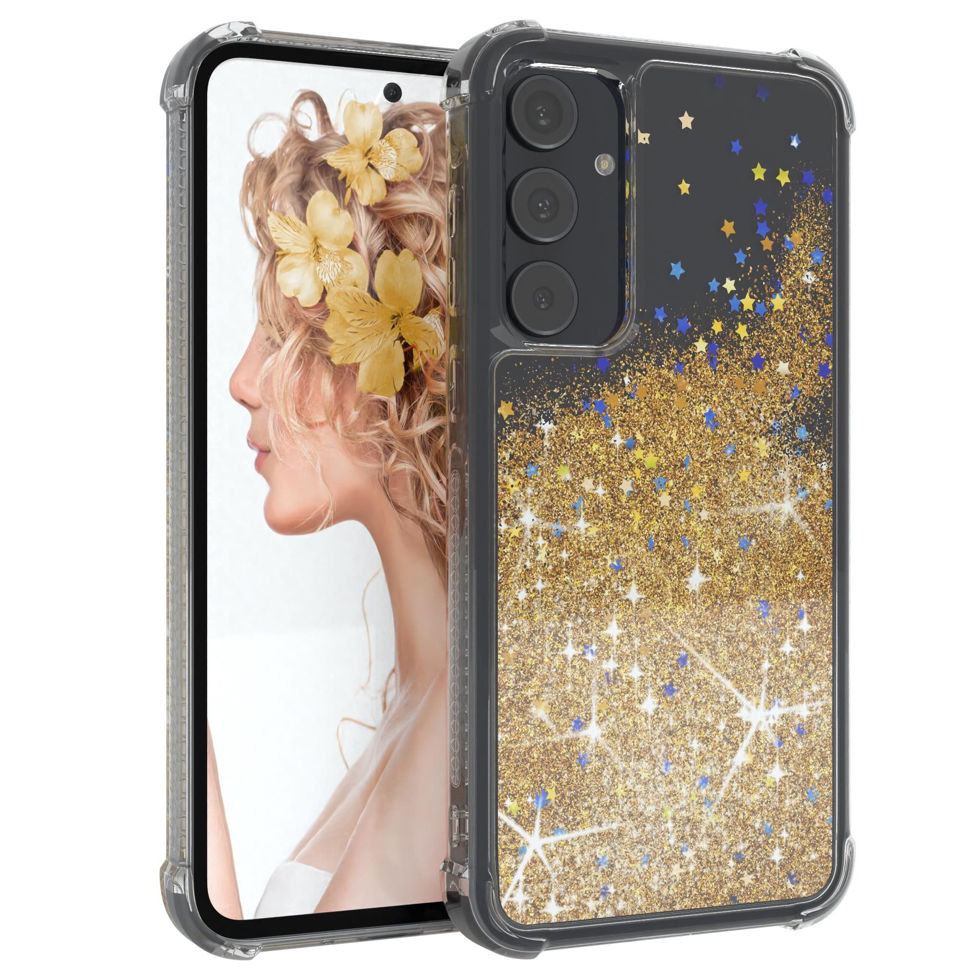 EAZY CASE Handyhülle Liquid Glittery Case für Samsung Galaxy A35 6,6 Zoll, Durchsichtig Back Case Handy Softcase Silikonhülle Glitzer Cover Gold
