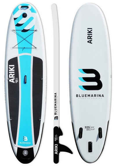 Bluemarina SUP-Board Aufblasbares Bluemarina SUP Board Ariki inkl. 5 J. Garantie, Stand Up Paddle Board, (10 - 15 cm dick, PVC, max 140 kg), Paddling board, Paddelboard, Surfboard, (Erwachsene bis 140 kg - 3-Finnen - Action-Cam-Halterung, UV Resistentes PVC - D-Ringe - Transportrucksack - Wasserabweisend), Surfbrett - Surfboard - Paddelboard - Stand Up Paddle