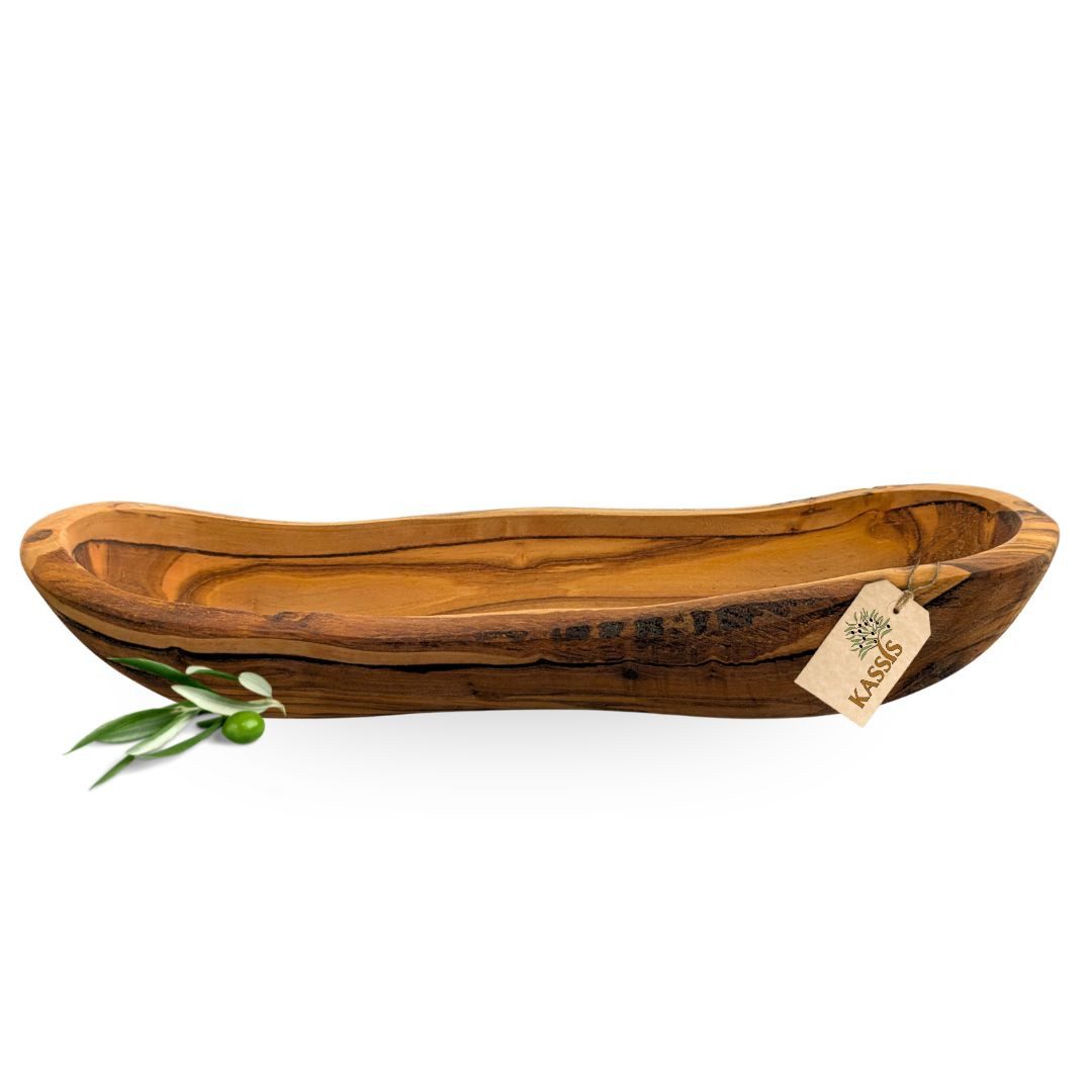 Kassis Geschenkartikel Brotschale aus Olivenholz, Massive Baguetteschale, Handarbeit, jede Schale ein Unikat, lebensmittelecht, dekorativ