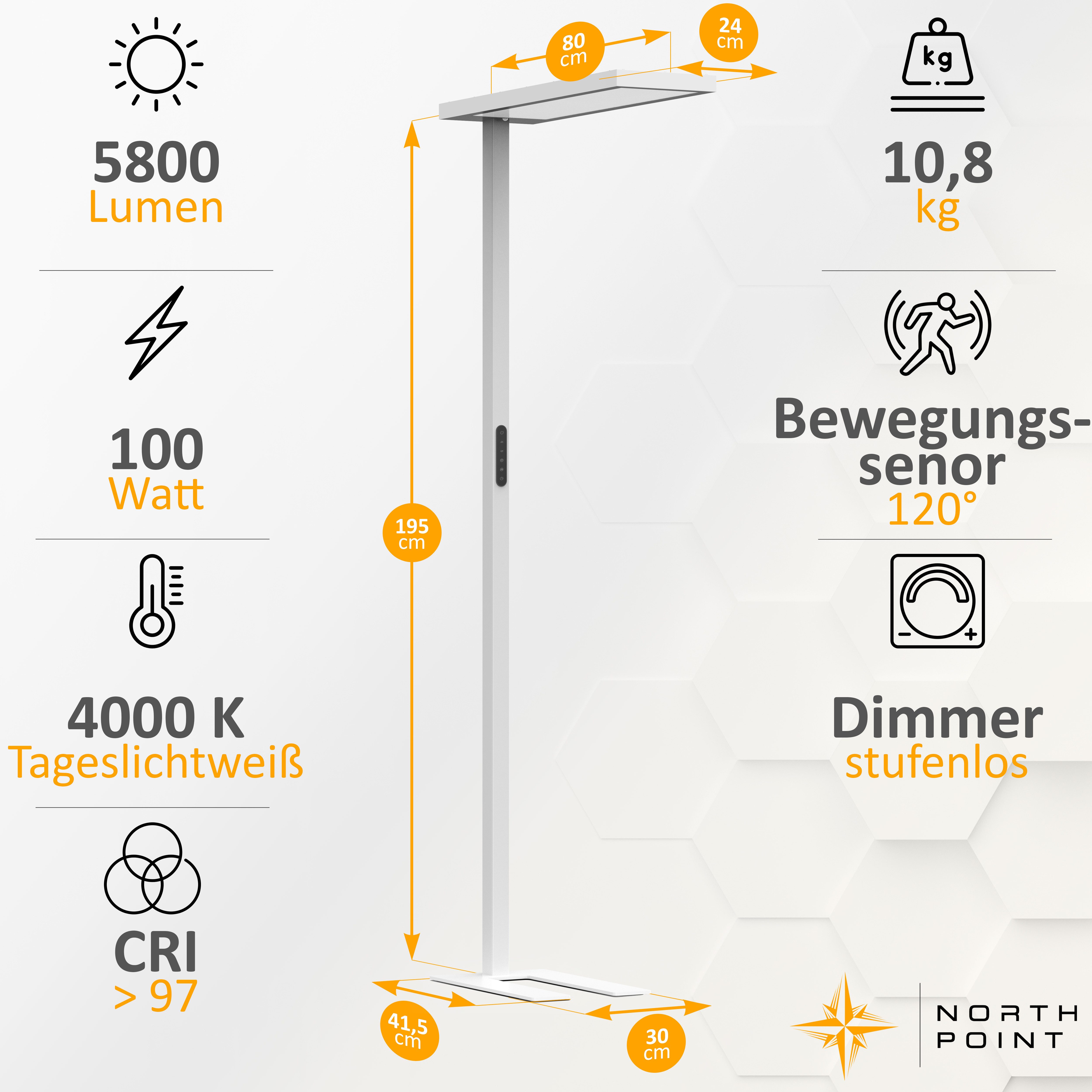 Northpoint LED Stehlampe Bürolampe 100W Bewegungsmelder Tageslichtweiß dimmbar Timer