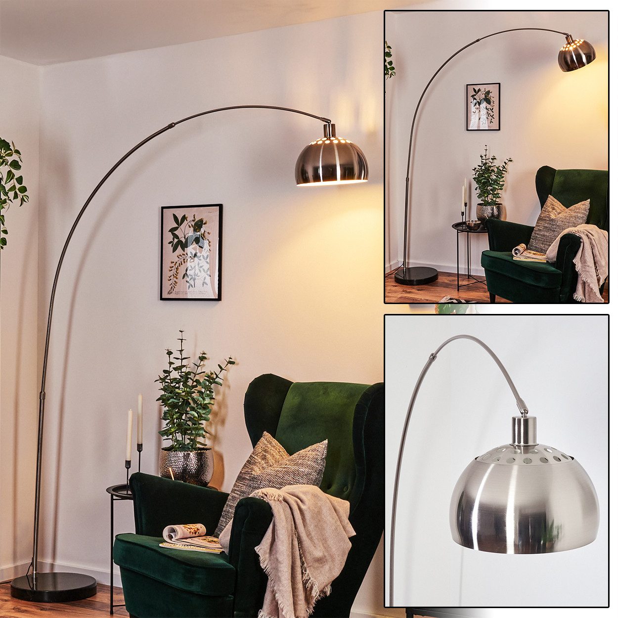 hofstein Bogenlampe Stehlampe aus Metall mit Marmorfuß in Schwarz/Nickel-matt/Weiß, ohne Leuchtmittel, verstellbar, im Retro/Vintage-Design / Fußschalter / Lichteffekt, E27