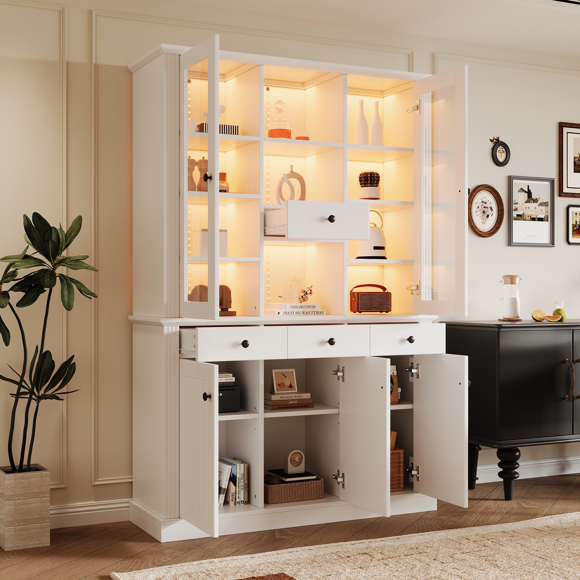 MODFU Vitrine Acryltüren und verstellbaren Trennwänden (Wohnzimmerschrank, Highboard, 1-St., mit 4 Schubladen und 5 Türen) mit 16 Farben LED-Lichtstreifen