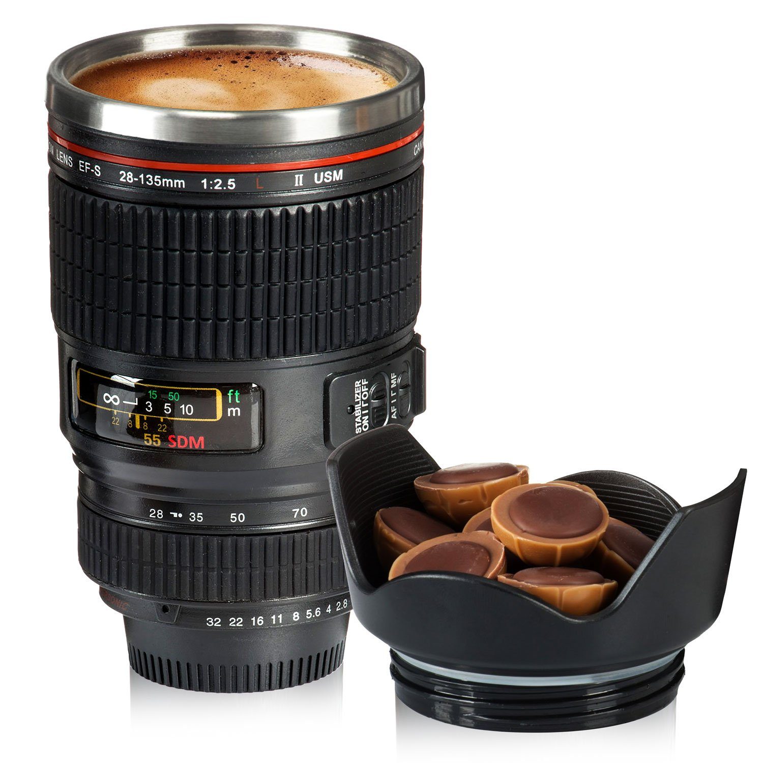 Goods+Gadgets Tasse Kamera Objektiv Thermobecher – Kaffee-Tasse für Fotografen & unterwegs, Edelstahl, Kaffee to-go Becher 300 ml
