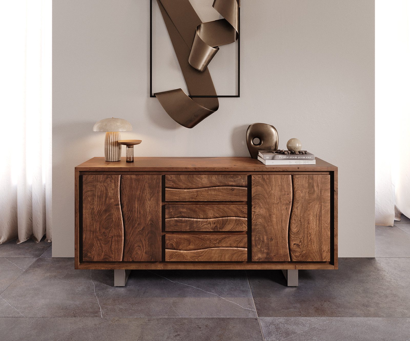 DELIFE Sideboard Live-Edge, Akazie Braun 172 cm 4 Türen 3 Schübe Baumkante Sideboard