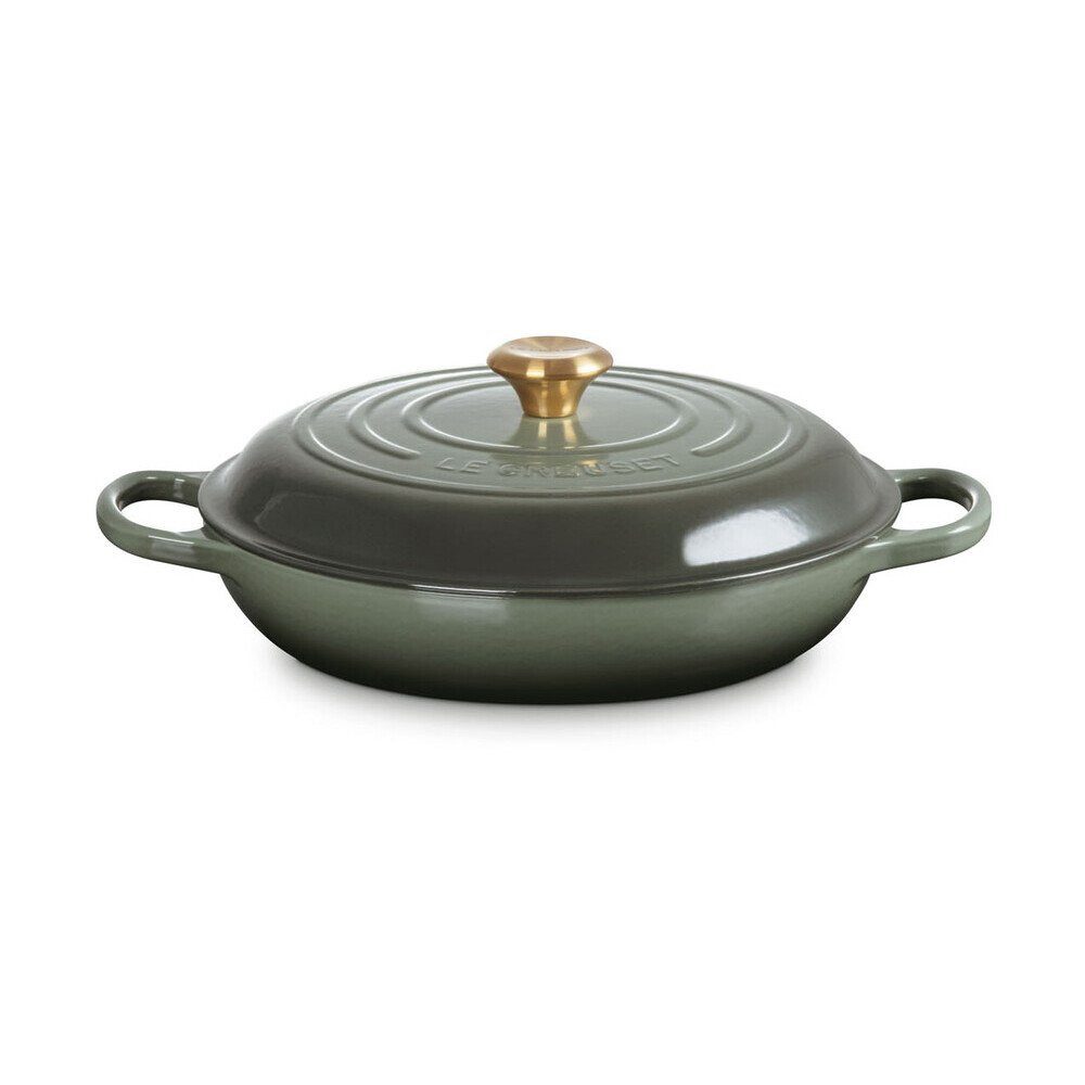 LE CREUSET Bräter Gourmet-Profitopf mit Deckel 30 cm Signature Thyme, Gusseisen, flacher Schmortopf, Cocotte, Servierpfanne, ca. 3-4 Pers., Ø30cm, grün