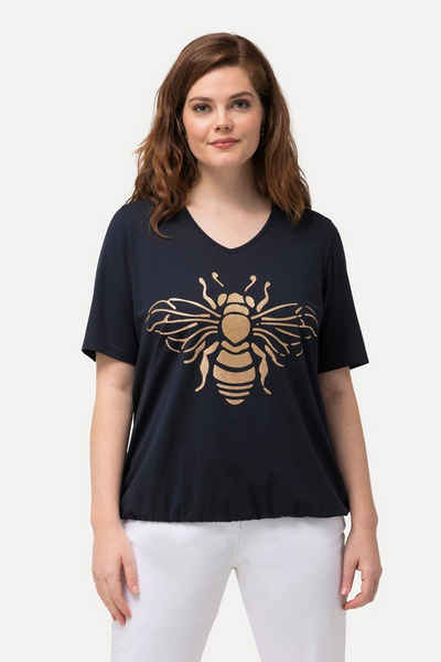 Ulla Popken Rundhalsshirt T-Shirt Biene V-Ausschnitt Gummisaum Halbarm