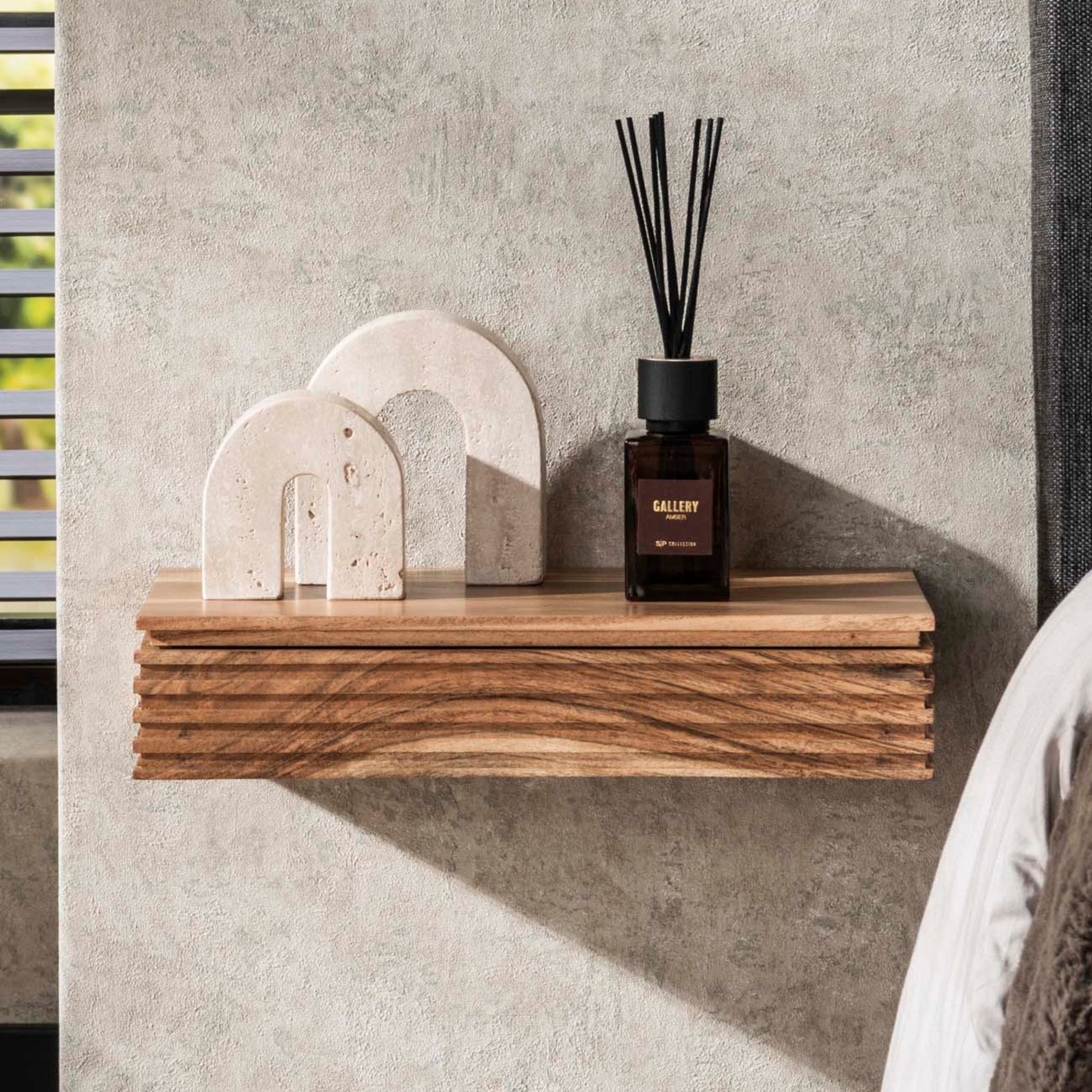 alesvelt Nachttisch Set LAYER L 2 breite, schwebende Nachtkonsolen aus massiver Akazie (2er-Set), 40x25x8cm, Akazienholz, Rillen-Design