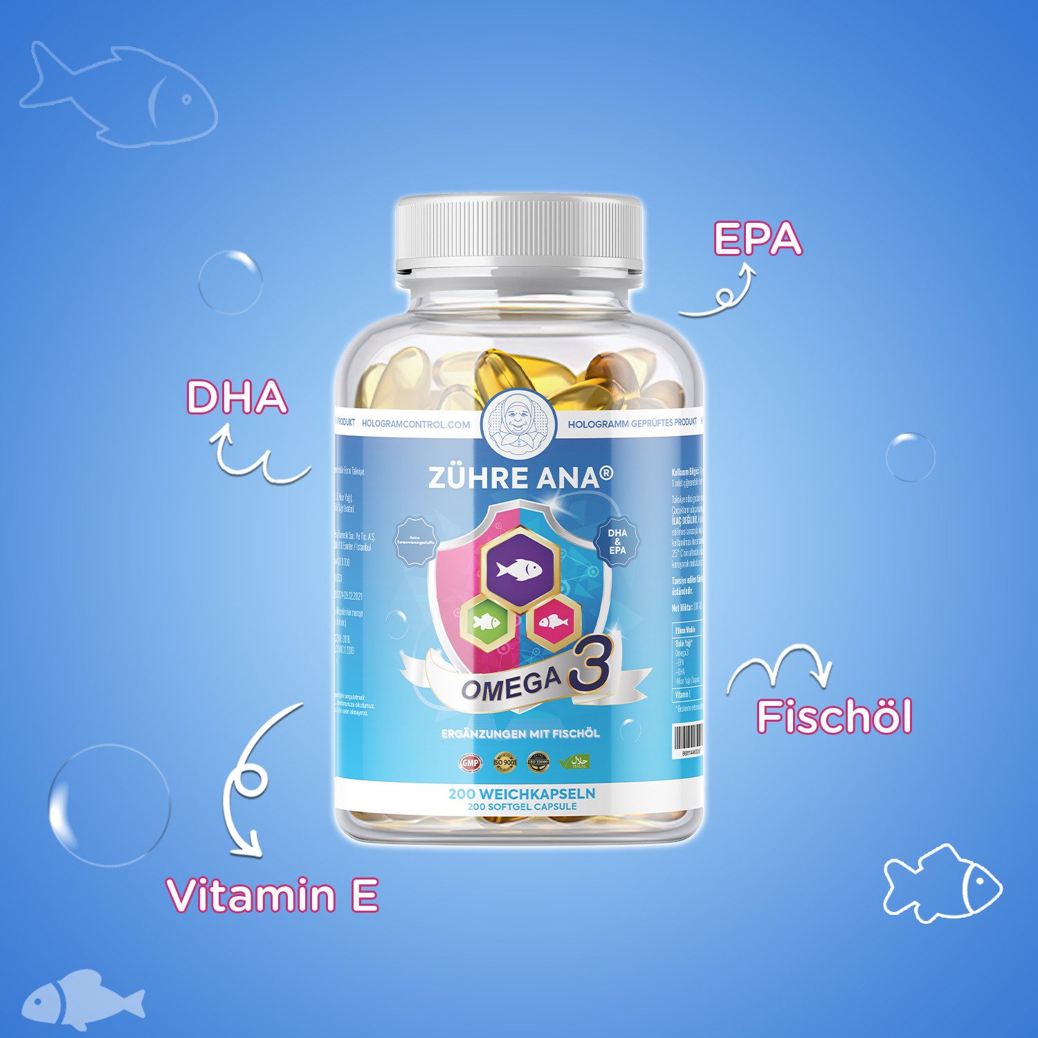 Zühre Ana® OMEGA-3–200 Kapseln (1300 mg) mit 400 mg EPA + 250 mg DHA pro Portion Kapseln, 200 g, OMEGA 3 200 Stück