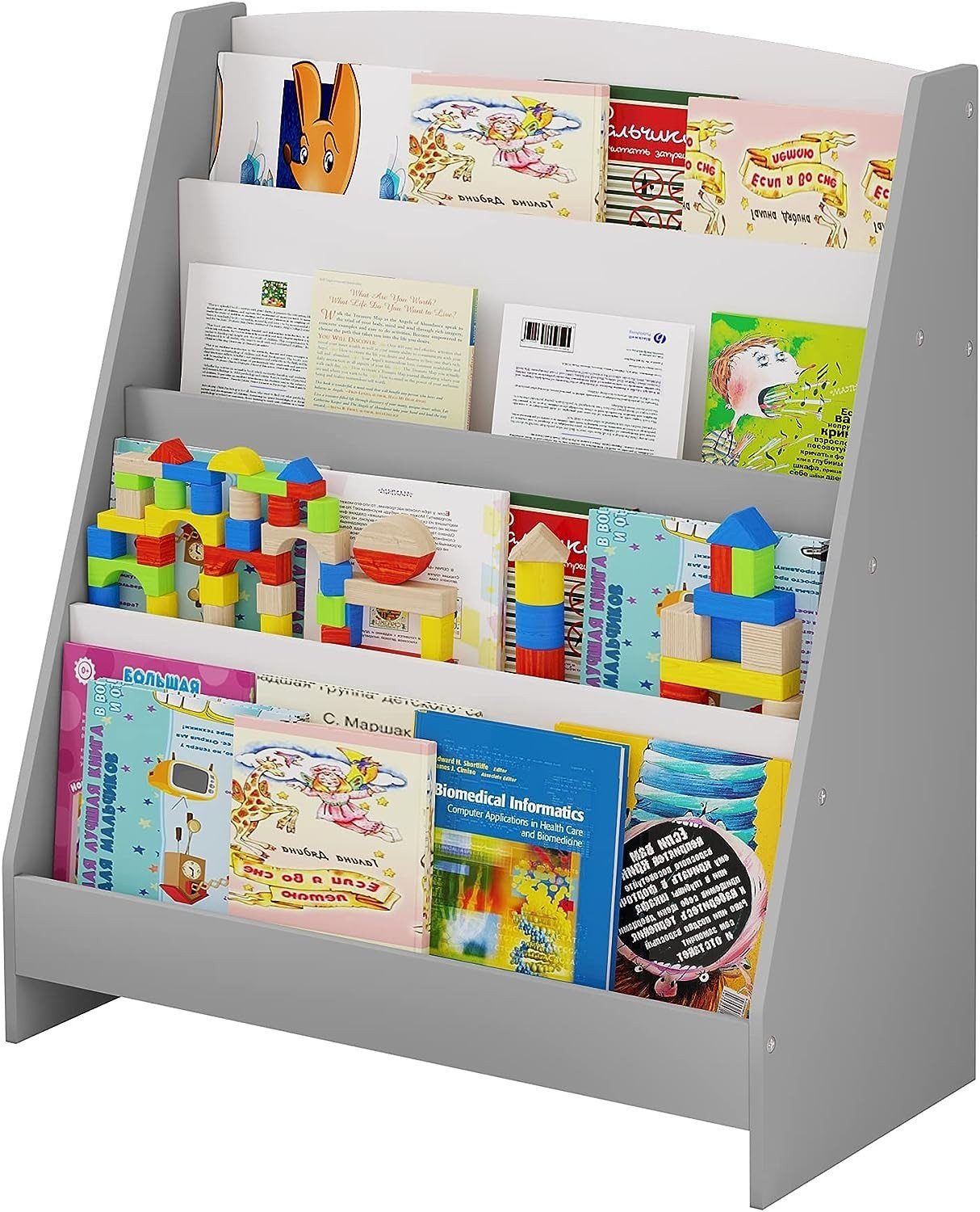 EUGAD Kinderregal, 1-tlg., Bücherregal mit 4 offenen Fächer aus MDF Weiß+Grau