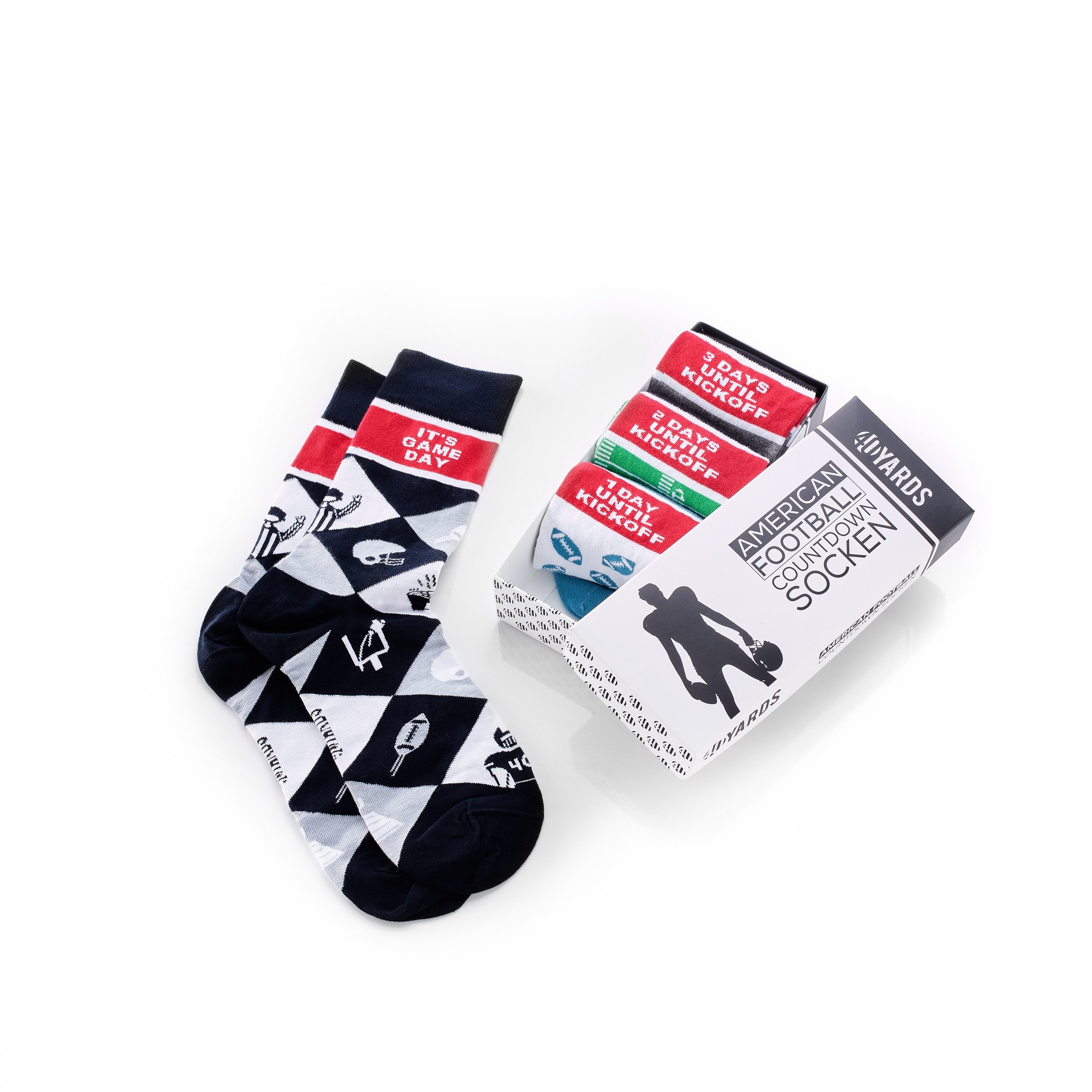 40YARDS Socken American Football Countdown Socken zum Game Day (4er Set, [4 Paar Socken) One Size (Schuhgröße 39 - 48)
