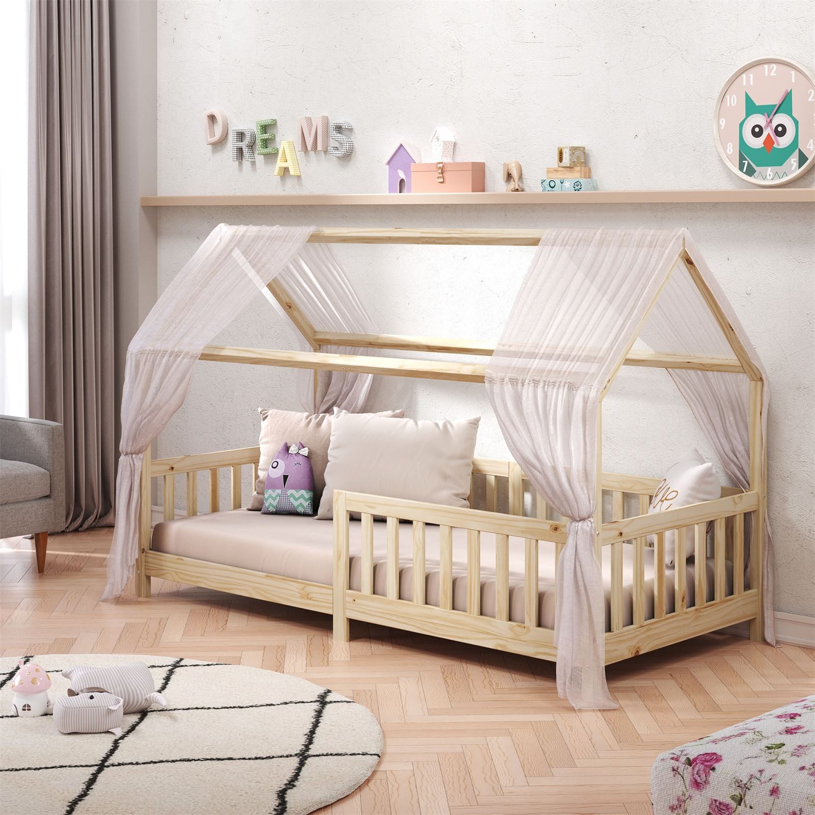 IDIMEX Kinderbett NINA, Hausbett Montessori Bett Kiefer 90 x 200 Tipibett mit Dach und rausfal