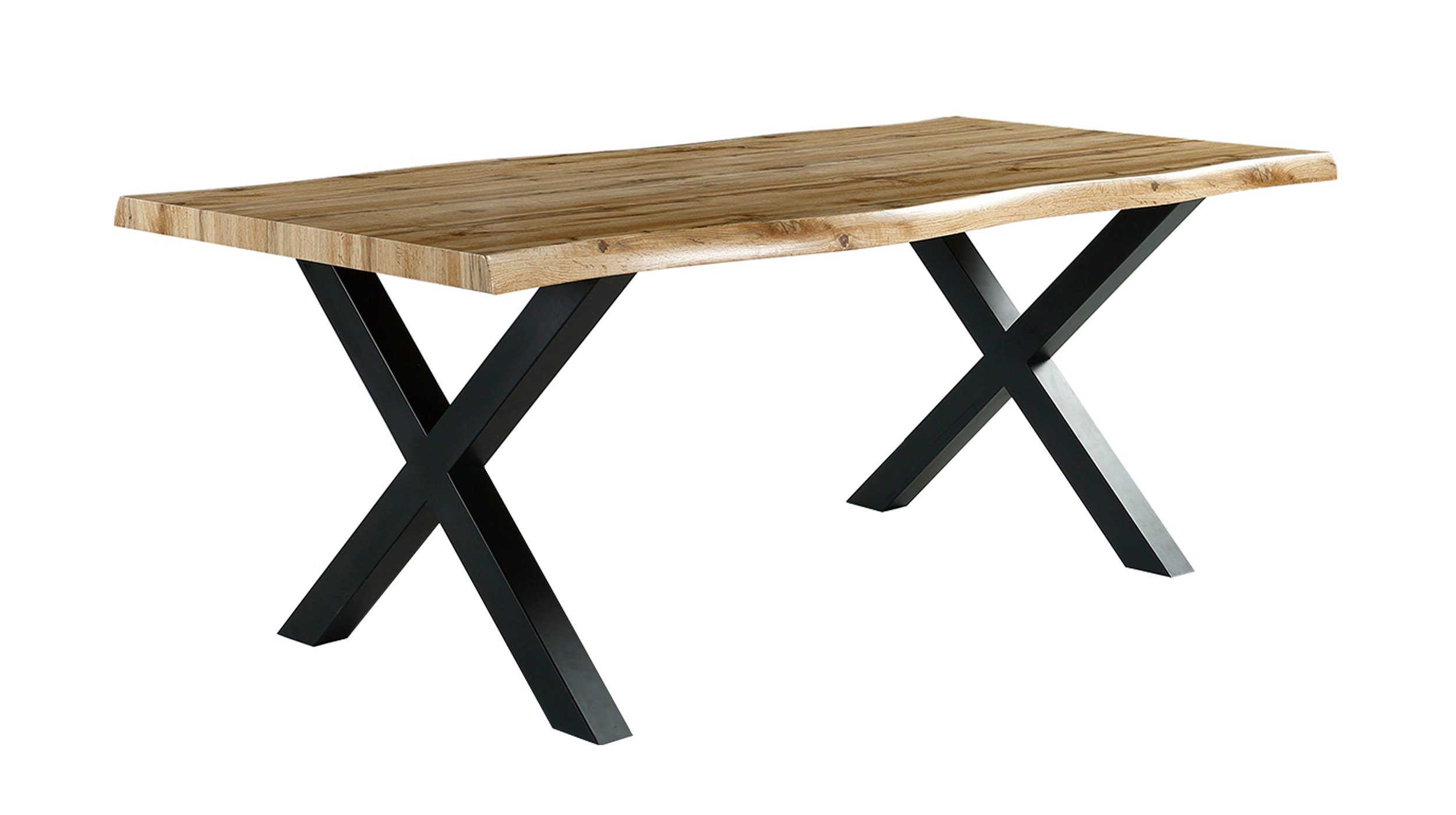 Die Möbelfundgrube® Baumkantentisch MARLON / Baumkantenoptik 160 cm oder 200 cm / Wildeiche, 50 mm Tischplatte / X-Gestell schwarz Metall gepulvert / Industrial