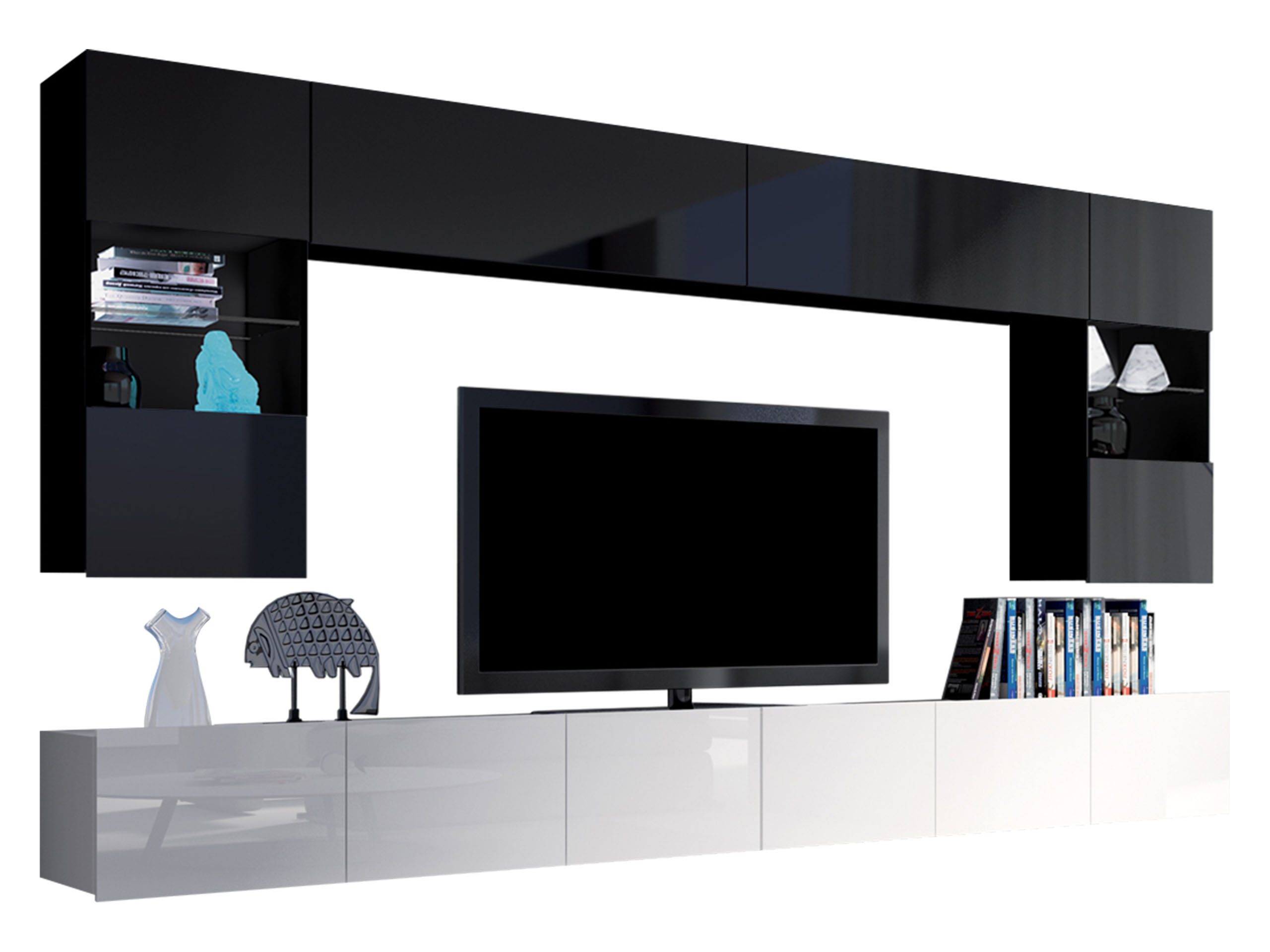 MIRJAN24 Wohnwand Calabrini I, (6er-Set, 2x TV-Lowboard, 2x Wandregal, 2x Hängevitrine), LED-Beleuchtung als Option