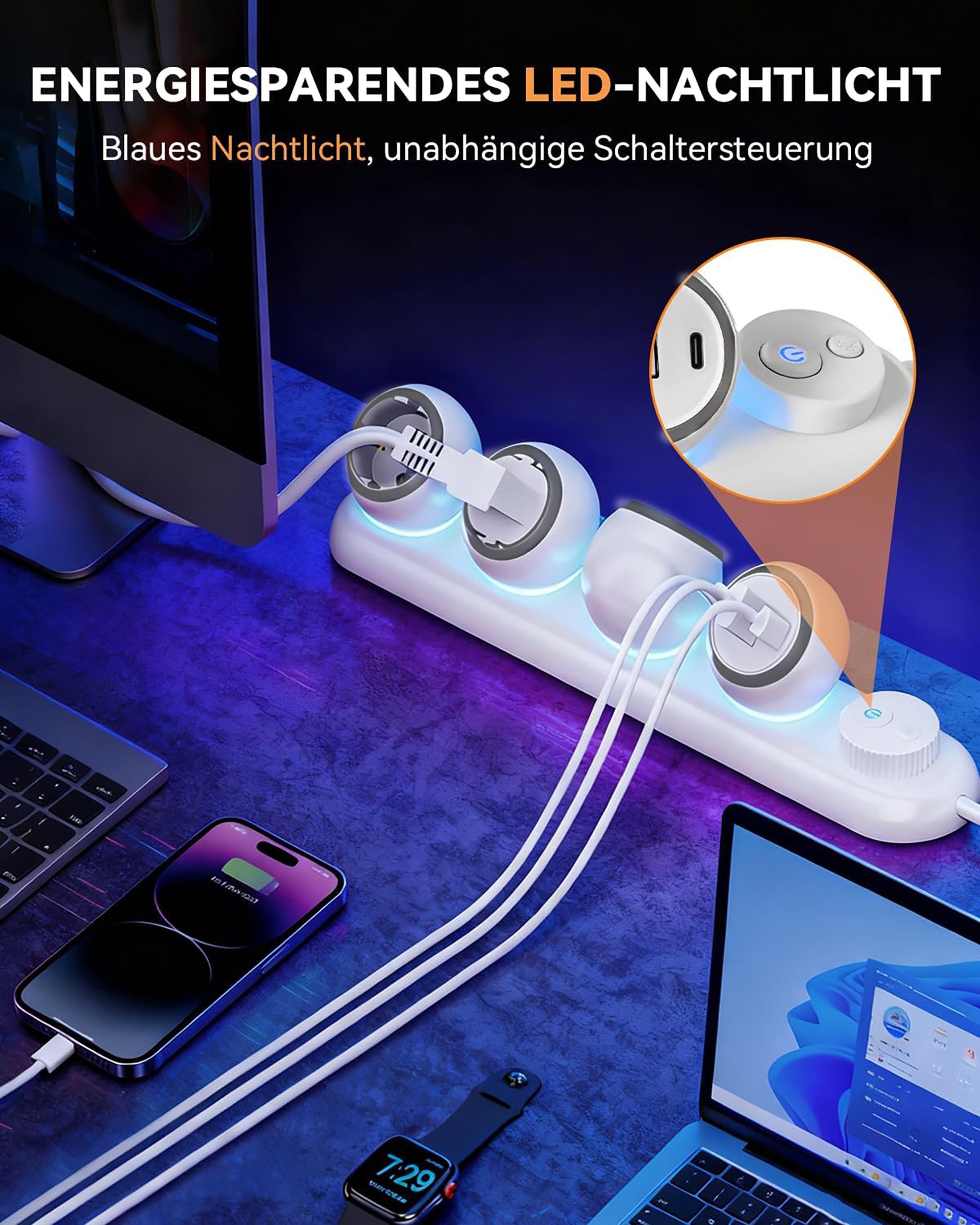 Luckice 360° drehbare Steckdosenleiste 3-Fach mit 3 USB(2 USB-C + 1 USB-A) Steckdosenleiste 3-fach (Schalter & LED Stimmungslicht, Wandmontage, Mehrfachsteckdos – Bild 4 von 5