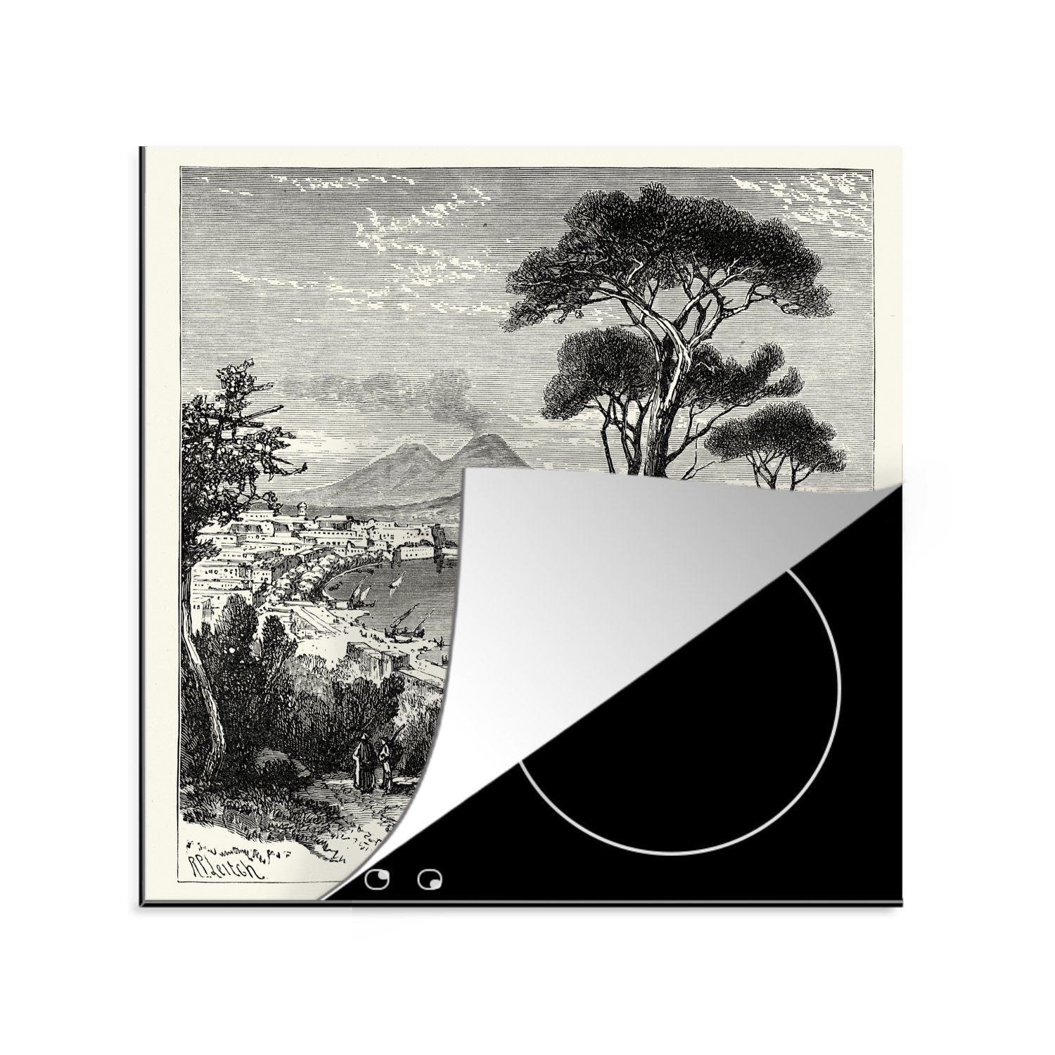 MuchoWow Herdblende-/Abdeckplatte Illustration der küche 78x78 über Napoli, Vinyl, cm, (1 für Arbeitsplatte tlg), Ceranfeldabdeckung, Aussicht