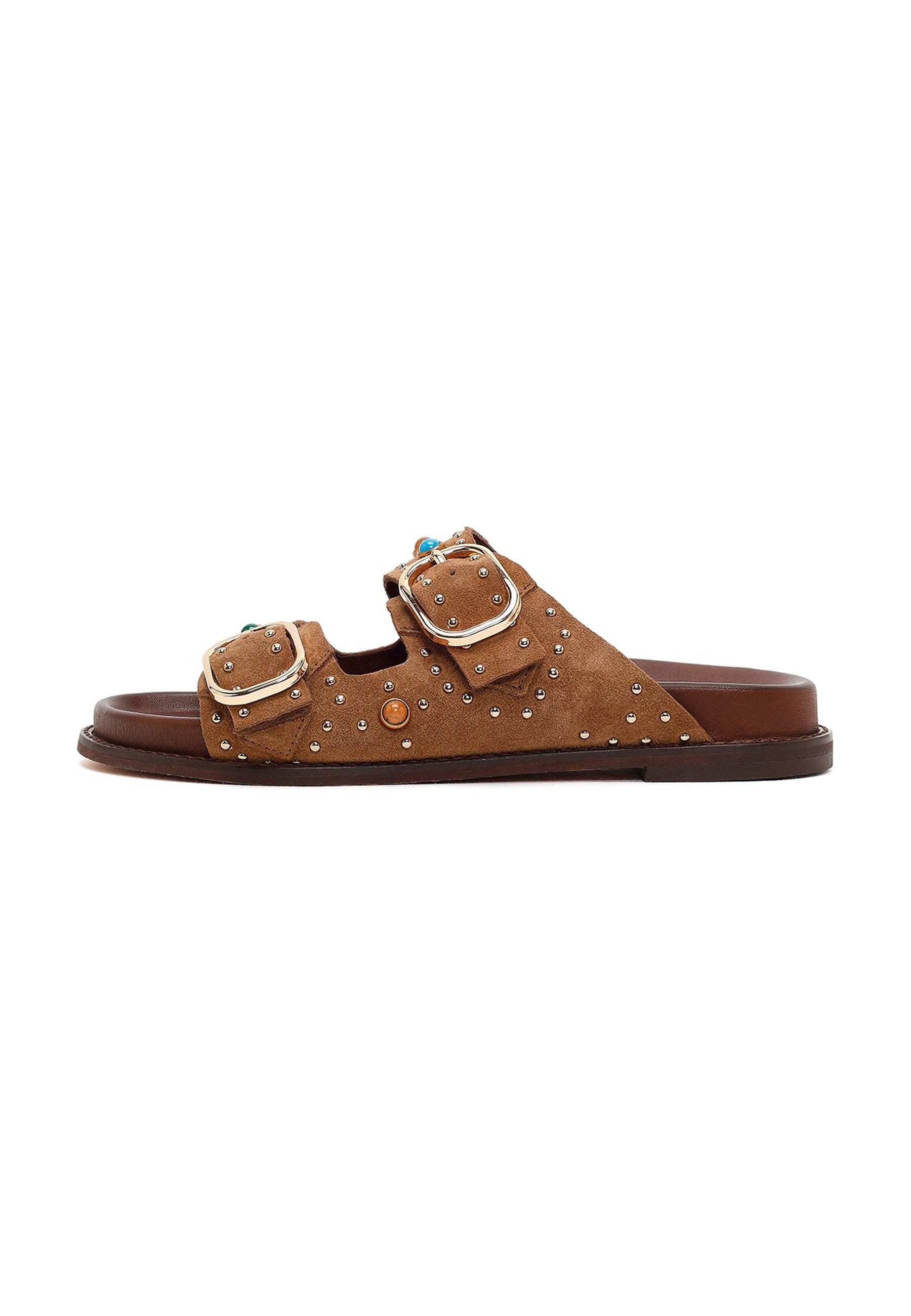 Derimod Pantoletten aus Veloursleder Mules Echtes Leder, Schlupfdesign, TPU-Sohle, Nietenverzierung