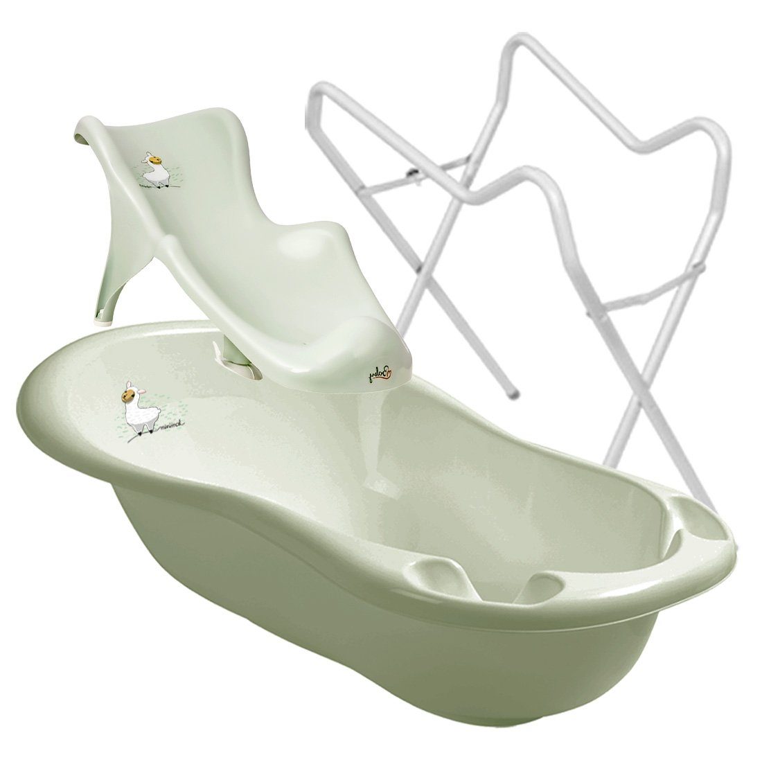 Maltex Babybadewanne LAMA Lindgrün Set 2-tlg + Gestell Weiß - Babybadeset Zubehör Pflege, (Made in Europe Premium Set), ** Babywanne+ Badesitz +Gestell **