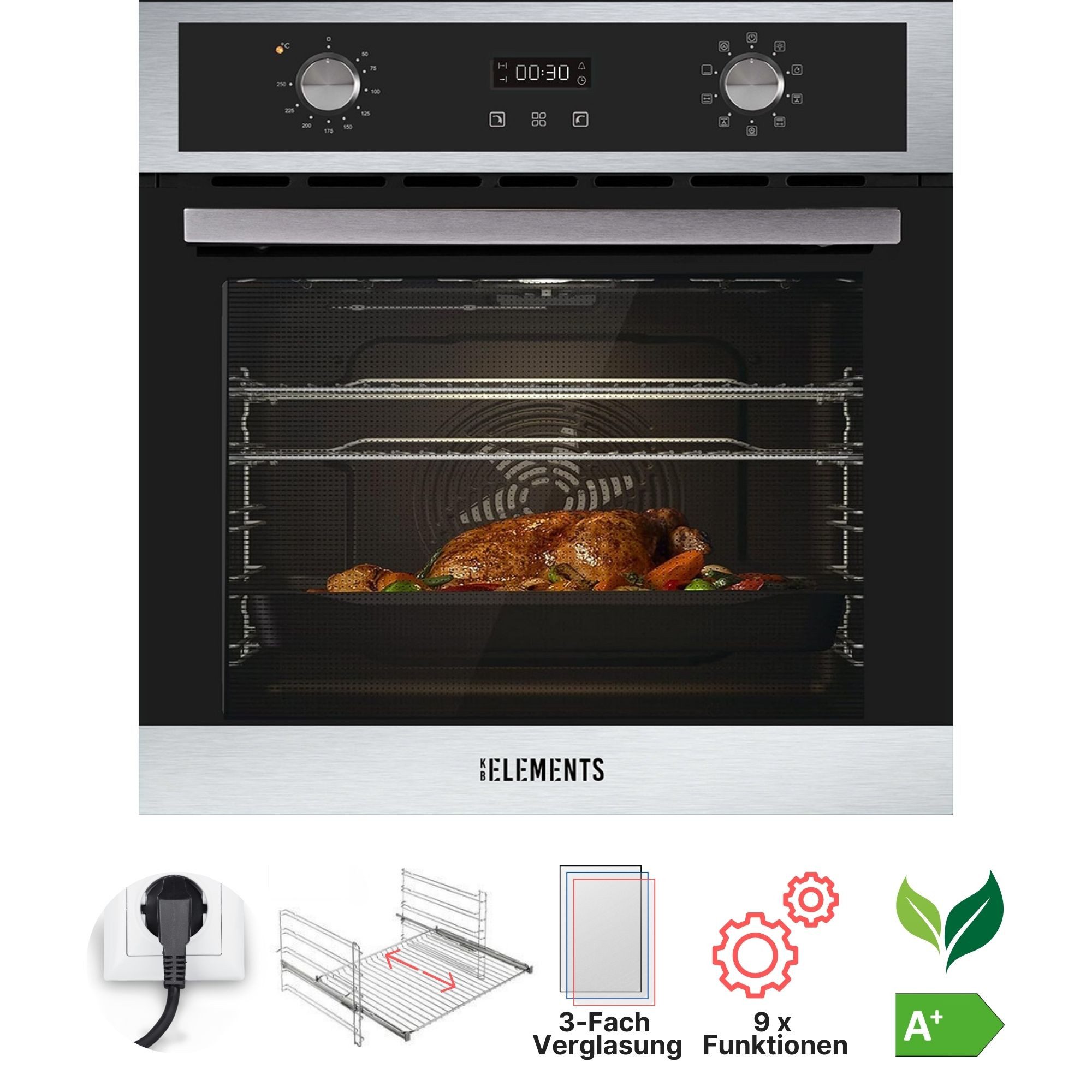 KB Elements Einbaubackofen 70 Liter, 60 cm Breit, 3-Fach Verglasung, A+, mit 1-fach-Teleskopauszug, Pizzafunktion,Auftaufunktion,Rotisseriefunktion