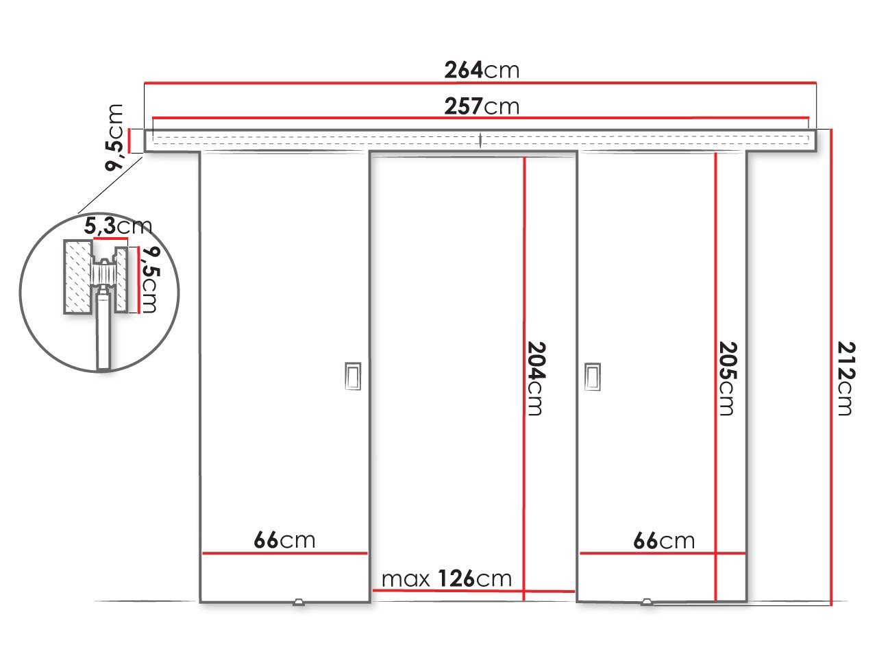 MIRJAN24 Schiebetür Werdi Duo 132 (mit zwei Flügeln), Schließmechanismus, Metallkugellagerschiebesystem