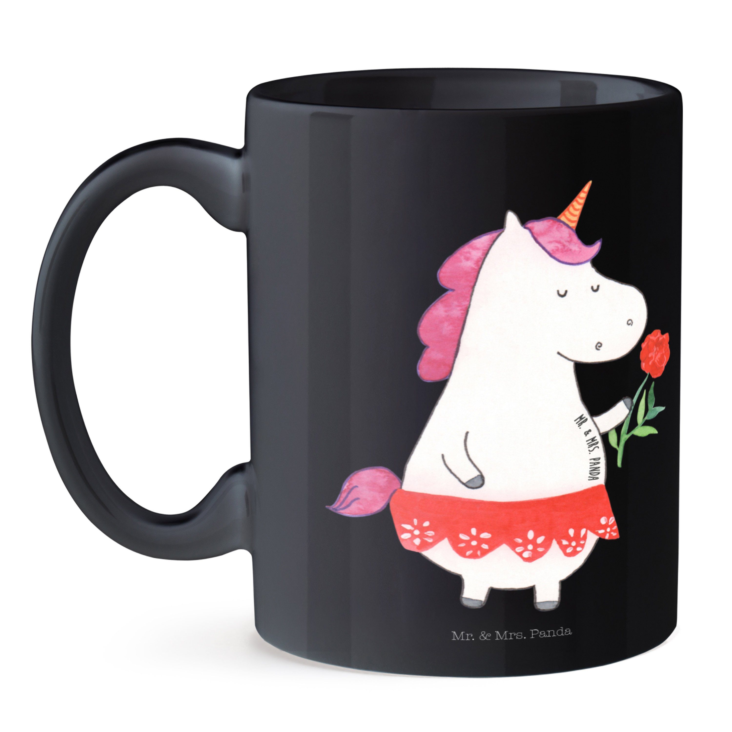 Panda Mr. Freundin, Keramik Mrs. Einhorn Teetasse, - Dame - Schwarz Deko, Geschenk, Tasse Einhorn Schwarz &