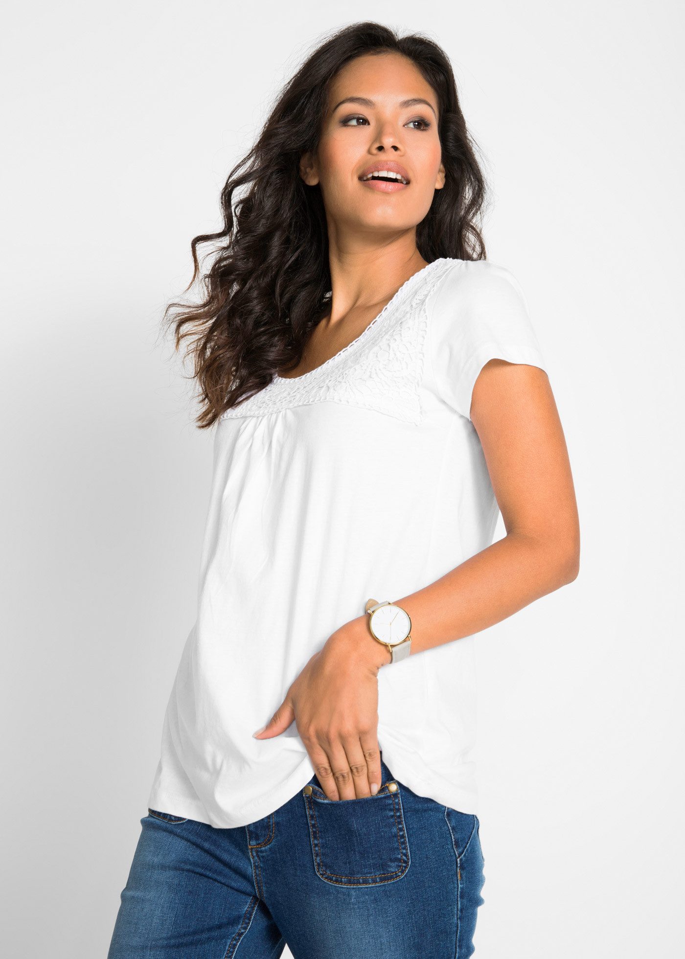 bonprix T-Shirt bequeme Passform, mit Spitzenapplikation in Häkel-Optik, au günstig online kaufen
