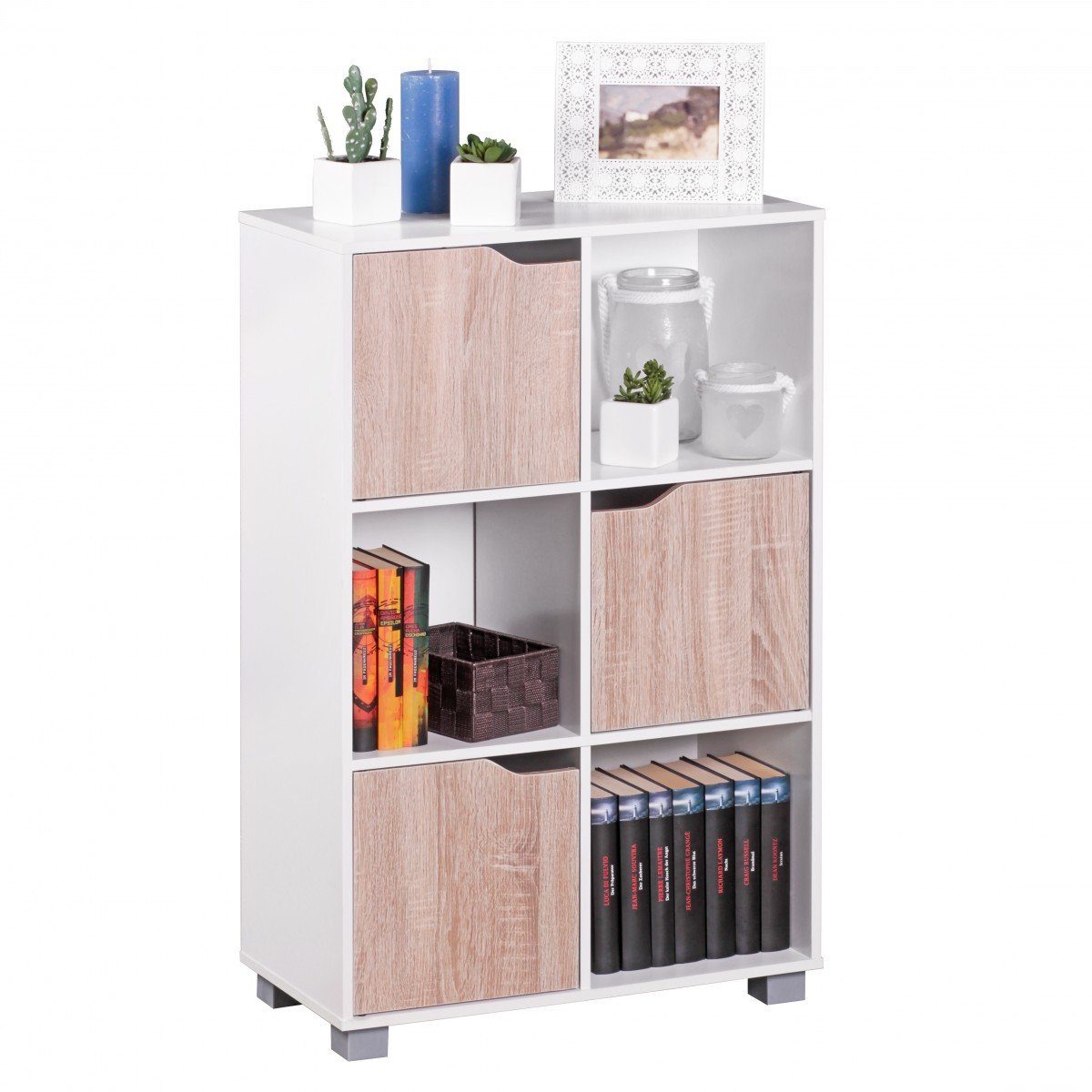 furnicato Bücherregal Design SAMO Modern Holz Weiß mit Türen Sonoma Eiche freistehend