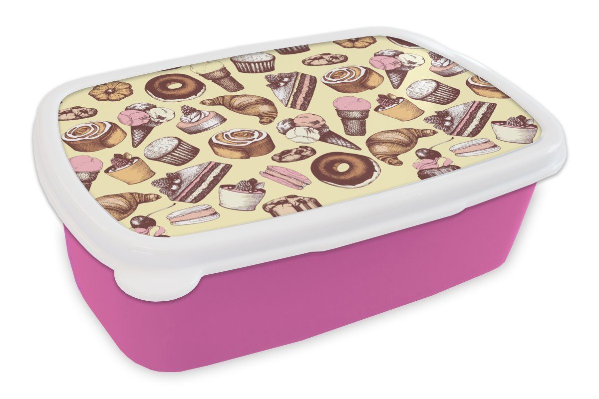 MuchoWow Lunchbox Mädchen - Essen - Kuchen - Muster - Mädchen - Kinder - Mädchen, Kunststoff, (2-tlg), Brotbox für Erwachsene, Brotdose Kinder, Snackbox, Mädchen, Kunststoff rosa