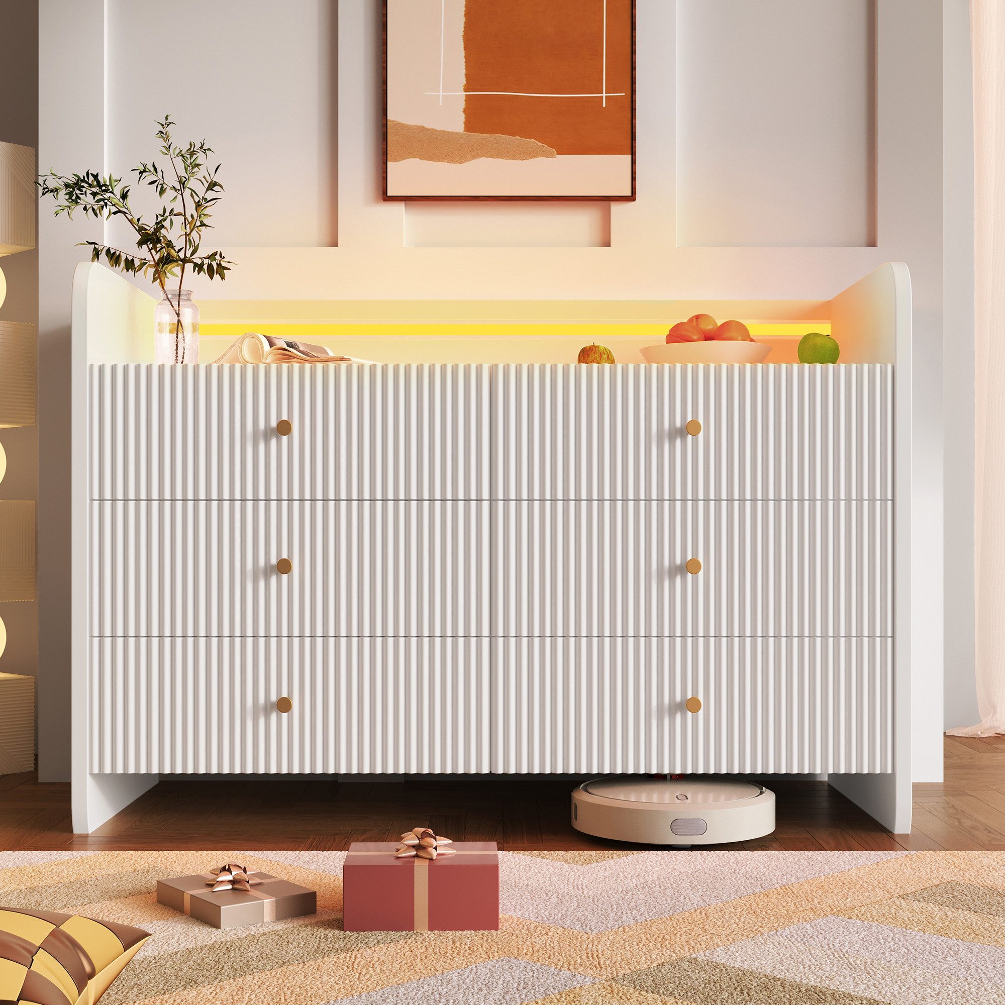 Flieks Kommode mit 6 Schubladen und LED-Beleuchtung (1 St., B120/T40/H75 cm), Sideboard Schrank für Wohnzimmer und Schlafzimmer Weiß