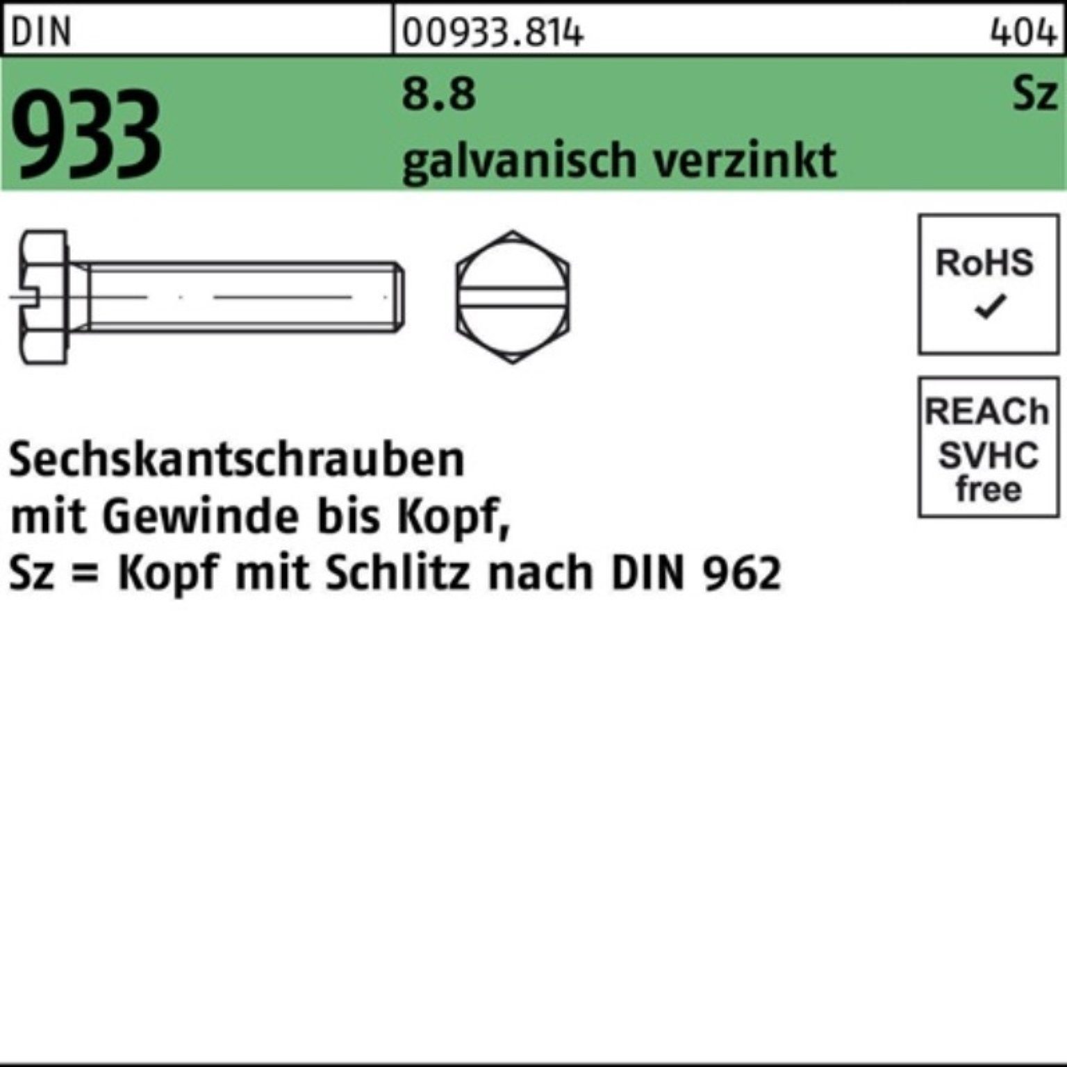 Reyher Sechskantschraube 500er Pack Sechskantschraube DIN 933 VG/Schlitz M6x 30 8.8 galv.verz.